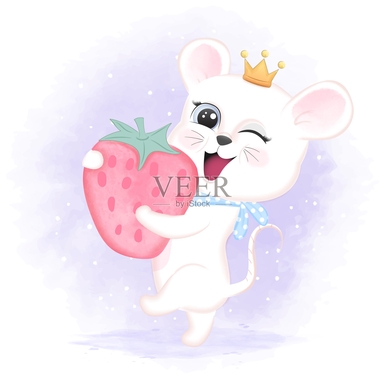 可爱的小老鼠和草莓手绘卡通动物水彩插图插画图片素材