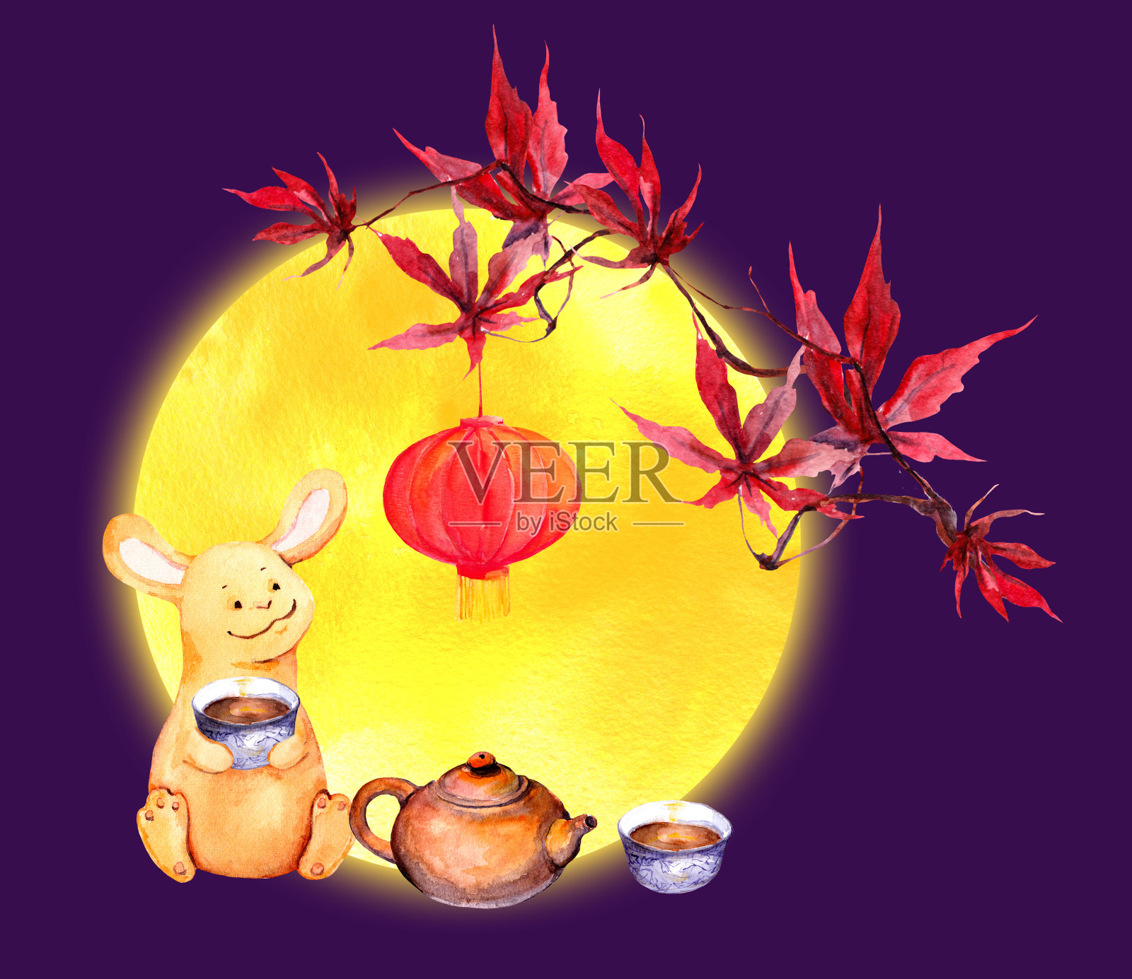 可爱的兔子在满月的时候喝着茶。红红的枫叶，节日的灯笼。中秋水彩画插画图片素材