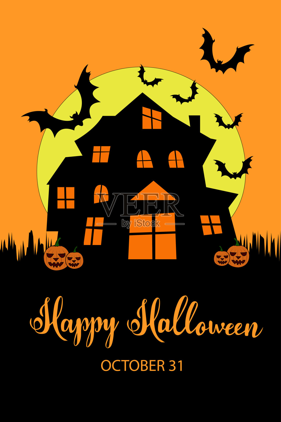 万圣节快乐明信片鬼屋和蝙蝠的剪影，黄色的月亮在橙色的背景。设计模板素材