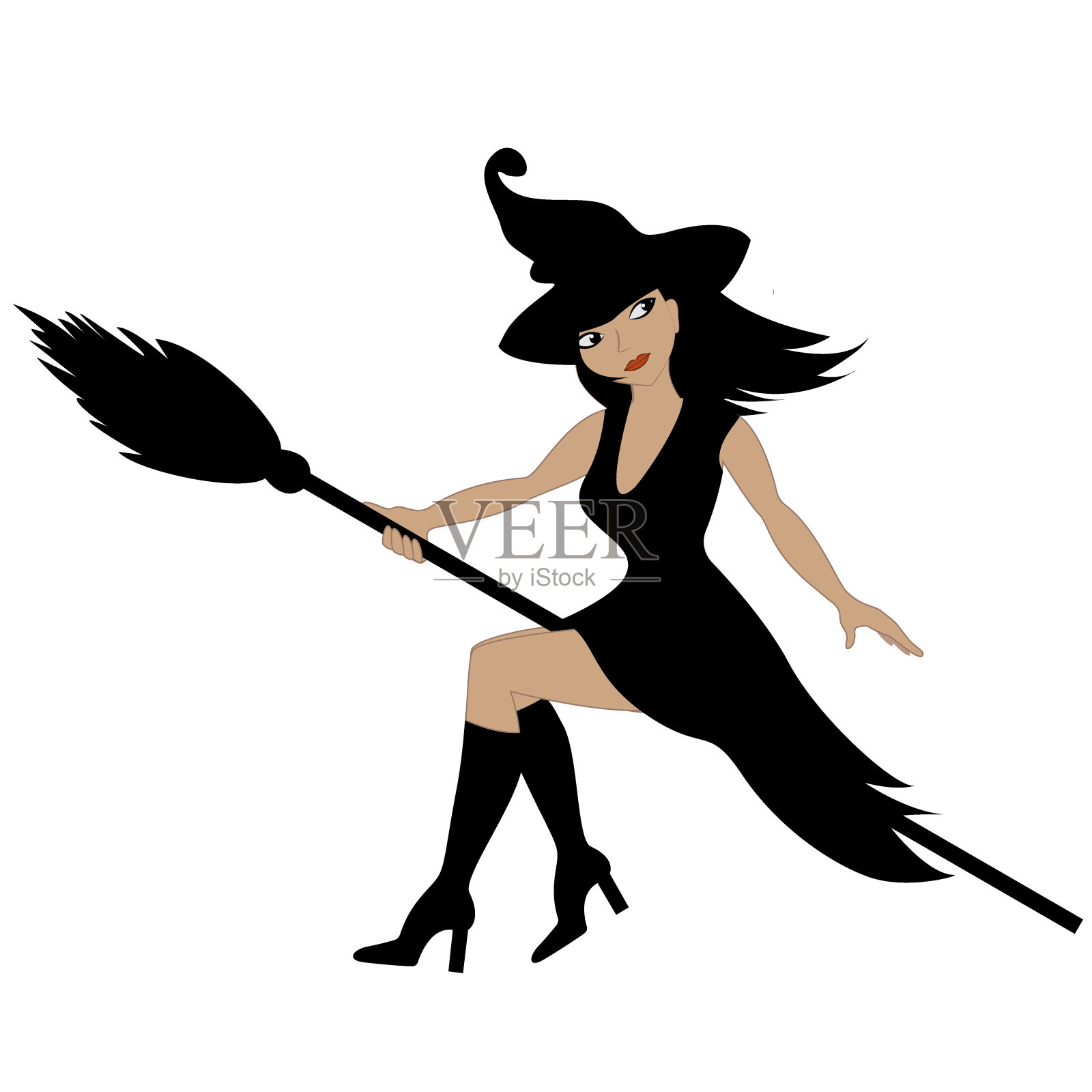 美丽迷人的女巫骑着扫帚飞。祝贺你在万圣节设计元素图片