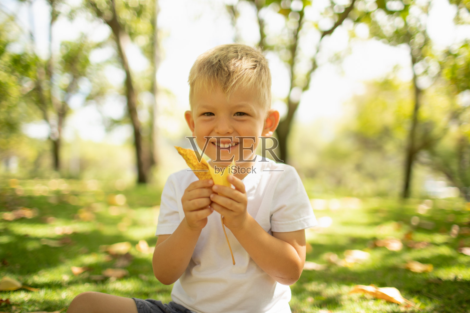 快乐的小男孩在公园里玩照片摄影图片