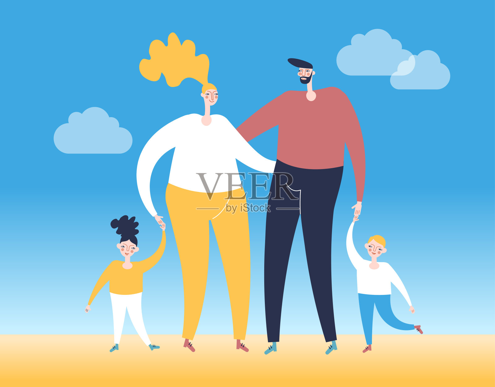 父亲，母亲，女儿和儿子在一起。幸福的家庭的概念。插画图片素材