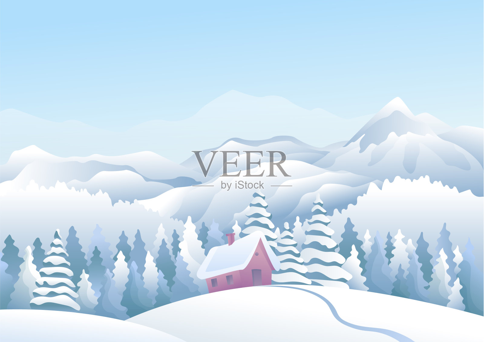 蓝山冬季雪景与雪屋和松树林的前景。山峰和旅游背景插画图片素材