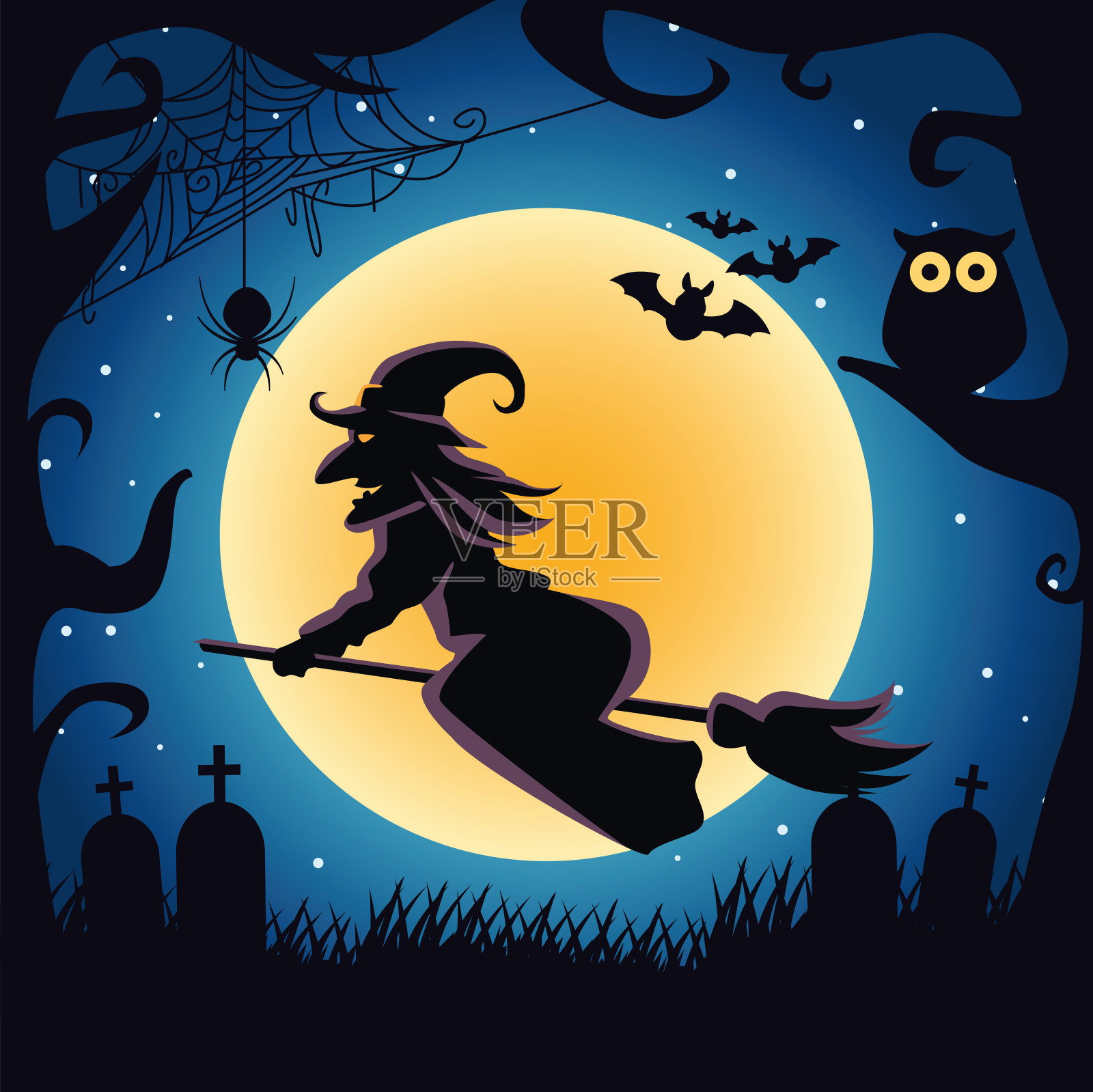 女巫在扫帚飞行与猫头鹰和蝙蝠夜景插画图片素材