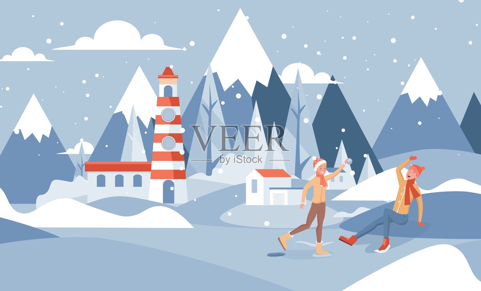 冬季景观矢量平面插图。男孩和女孩冬天在灯塔附近玩雪球。插画图片素材