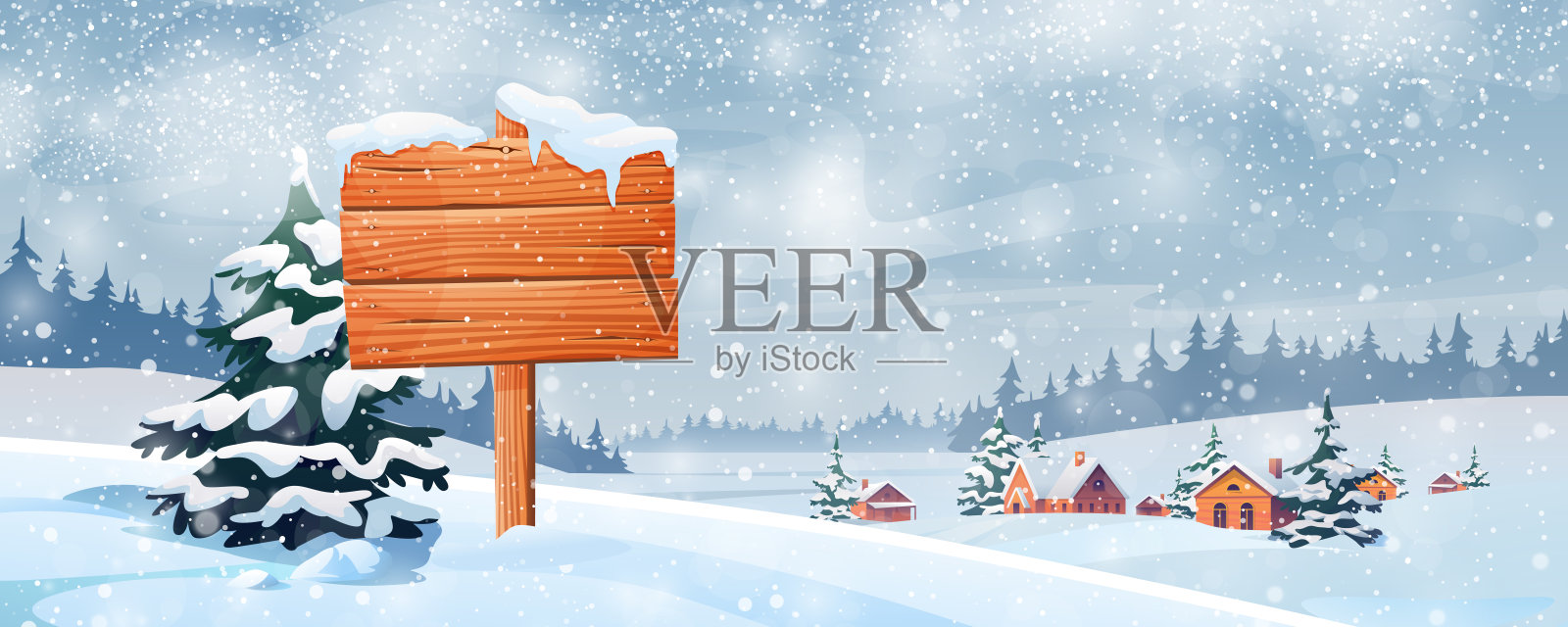 雪景与木牌矢量。圣诞时光的风景，村庄里的雪，森林和冷杉树。广告牌信息，雪花，新年或圣诞时间在农村插画图片素材