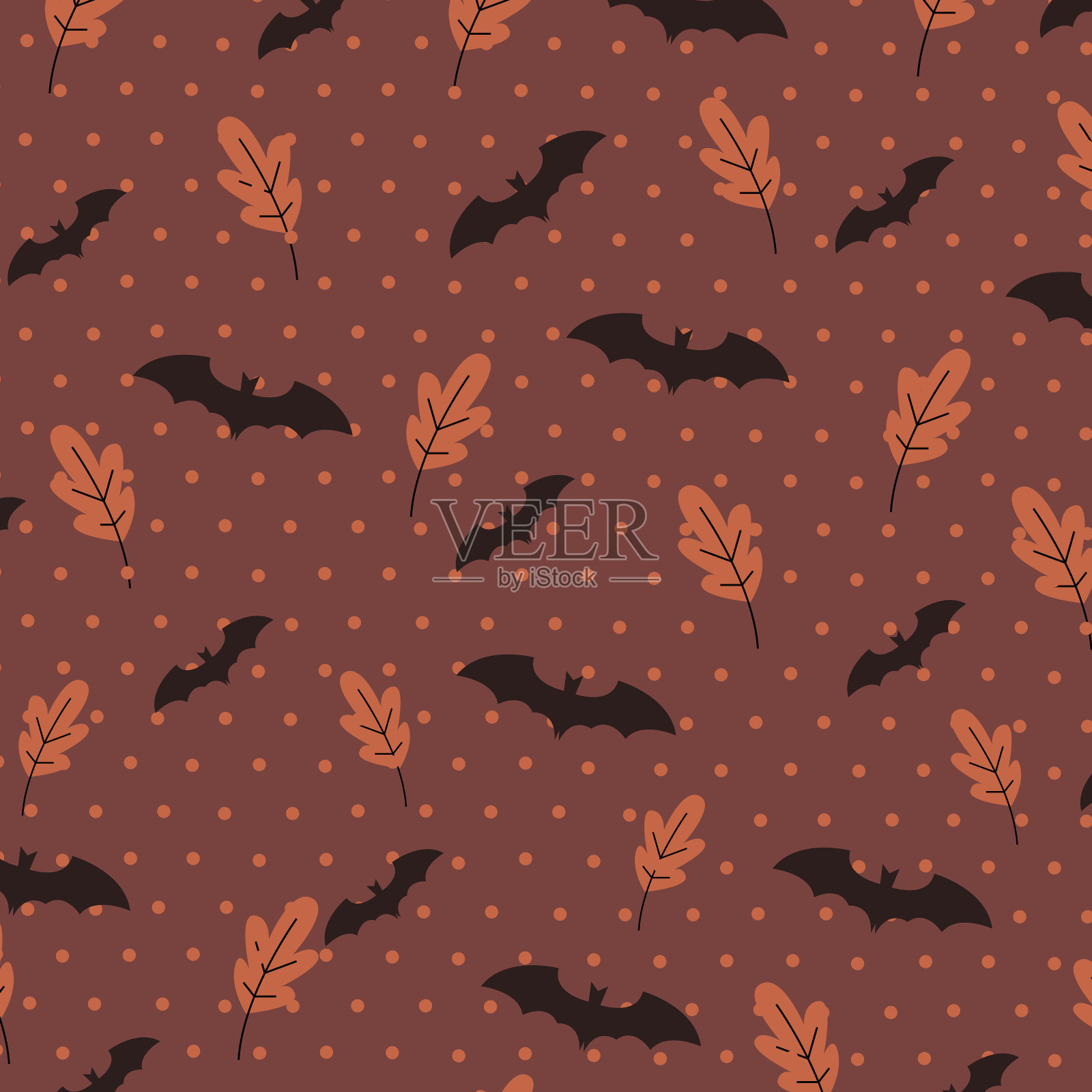 万圣节快乐图案与节日棕色无尽的背景与蝙蝠，秋天的树叶stock插图插画图片素材