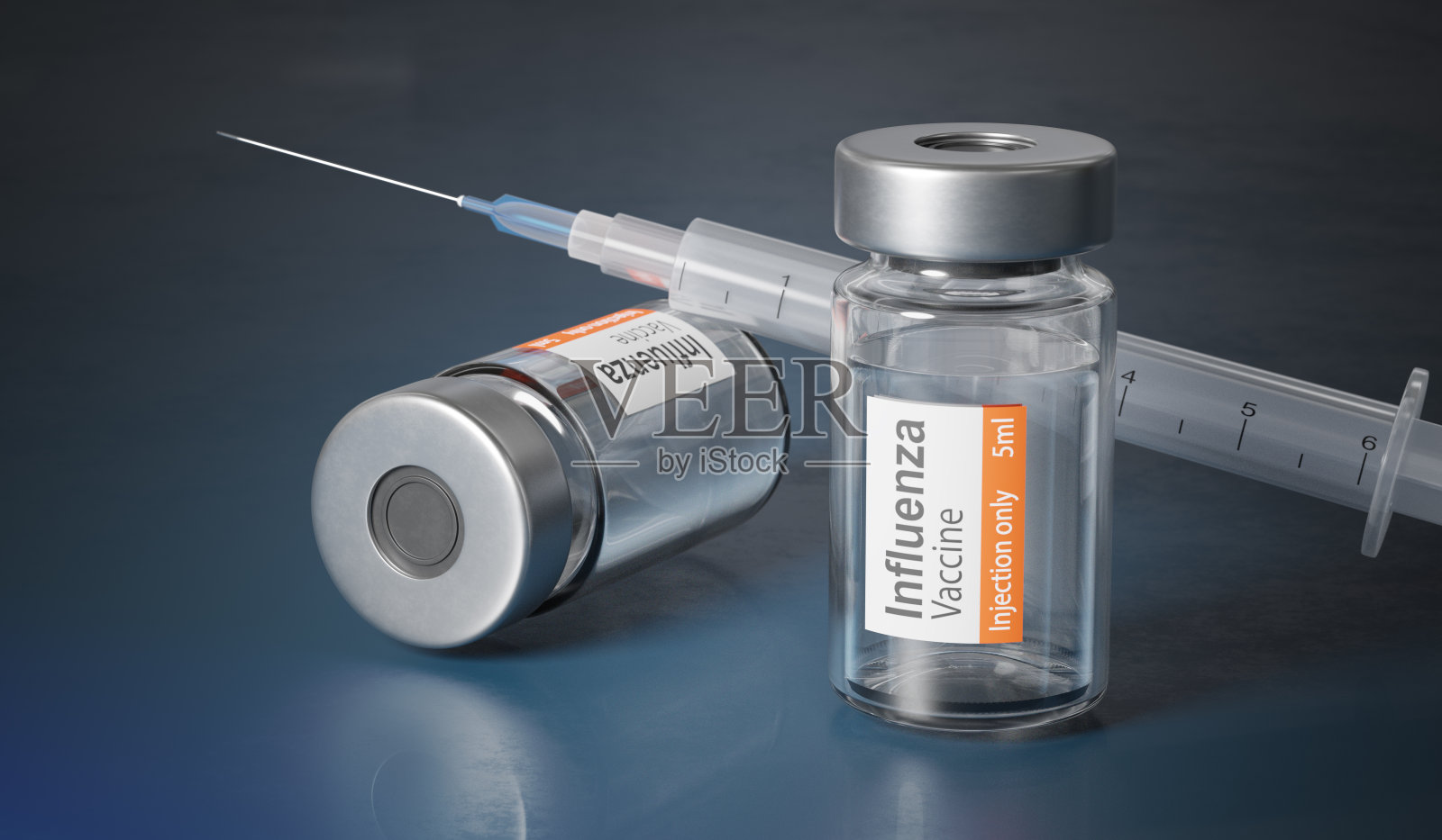 流感疫苗的概念。装有流感疫苗的药瓶3 d渲染插图。照片摄影图片