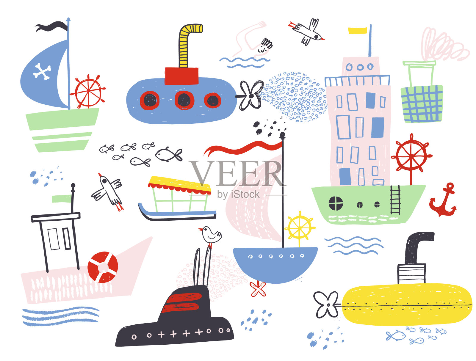 一套有趣可爱的手绘儿童玩具水上运输为托儿所装饰。宝宝明亮的卡通船、游艇、气垫船、水上巴士、蒸汽船、游船、潜艇矢量无缝图案在白色背景上插画图片素材