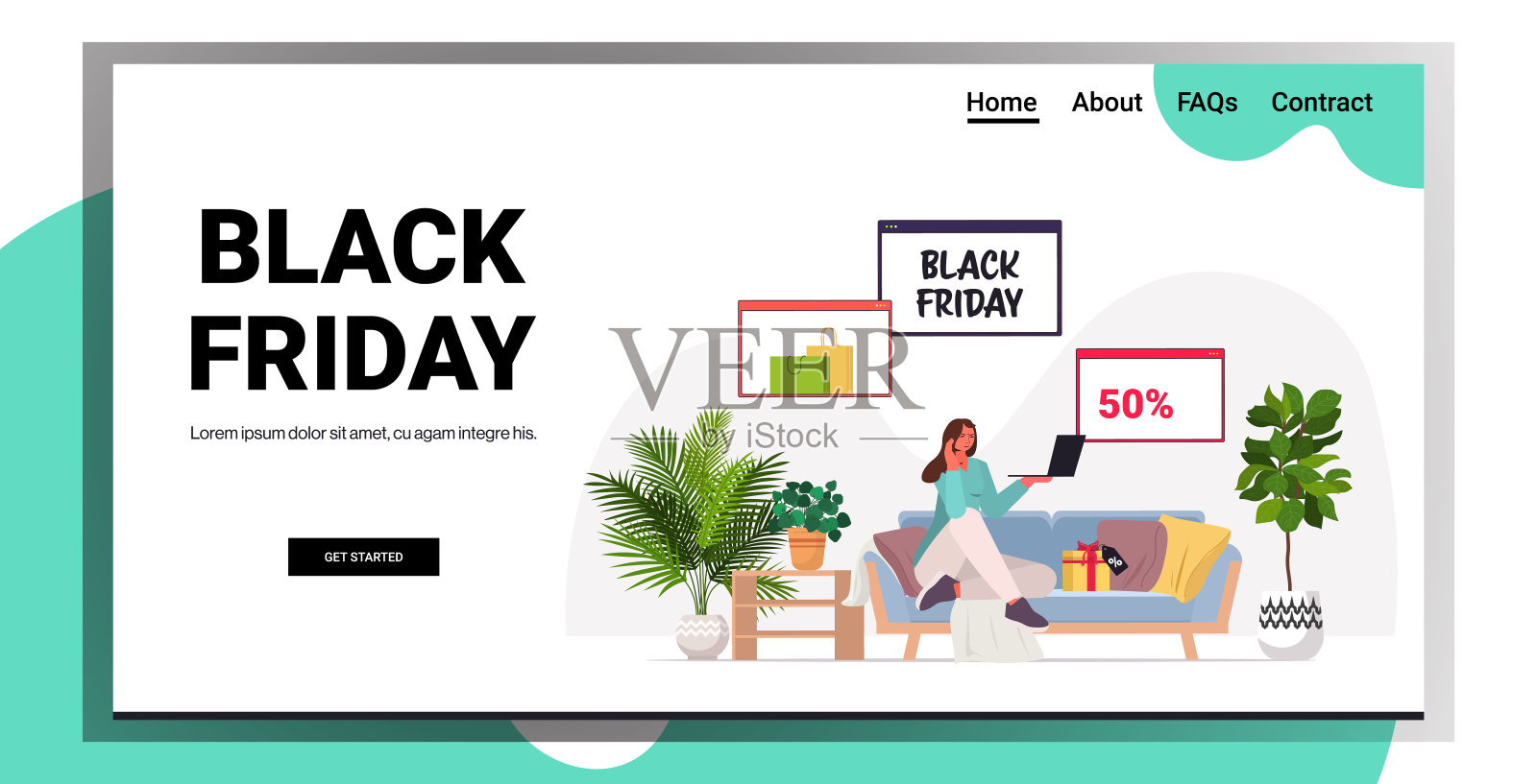 女人用笔记本电脑网上购物黑色星期五大减价假期打折概念客厅室内设计模板素材