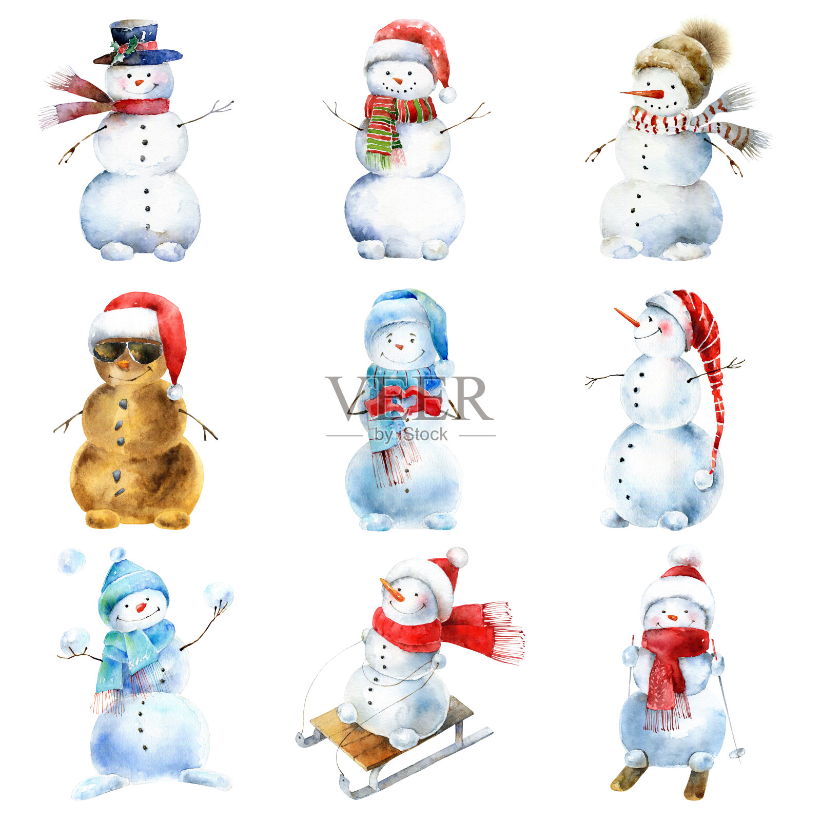 水彩雪人在白色的背景设计元素图片