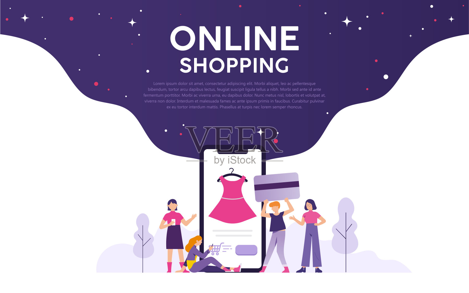 插图几个女人拿着手机和信用卡在网上购物，网上购物和市场的概念插图设计模板素材
