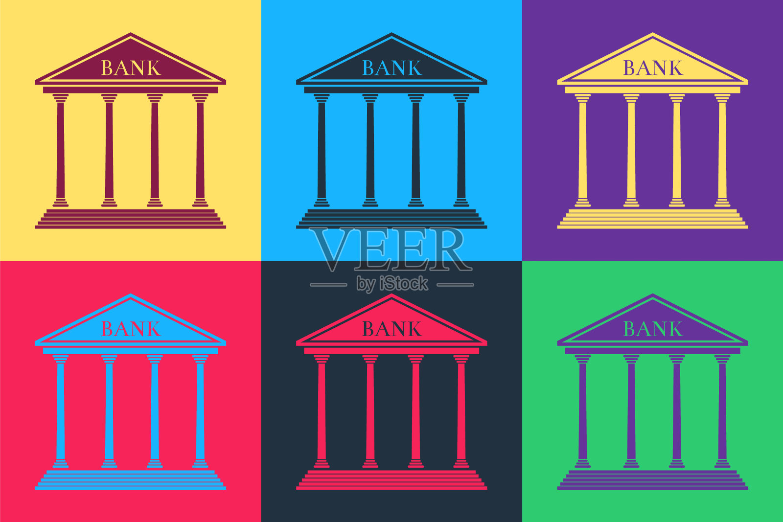 波普艺术银行大楼图标孤立的颜色背景。向量插画图片素材