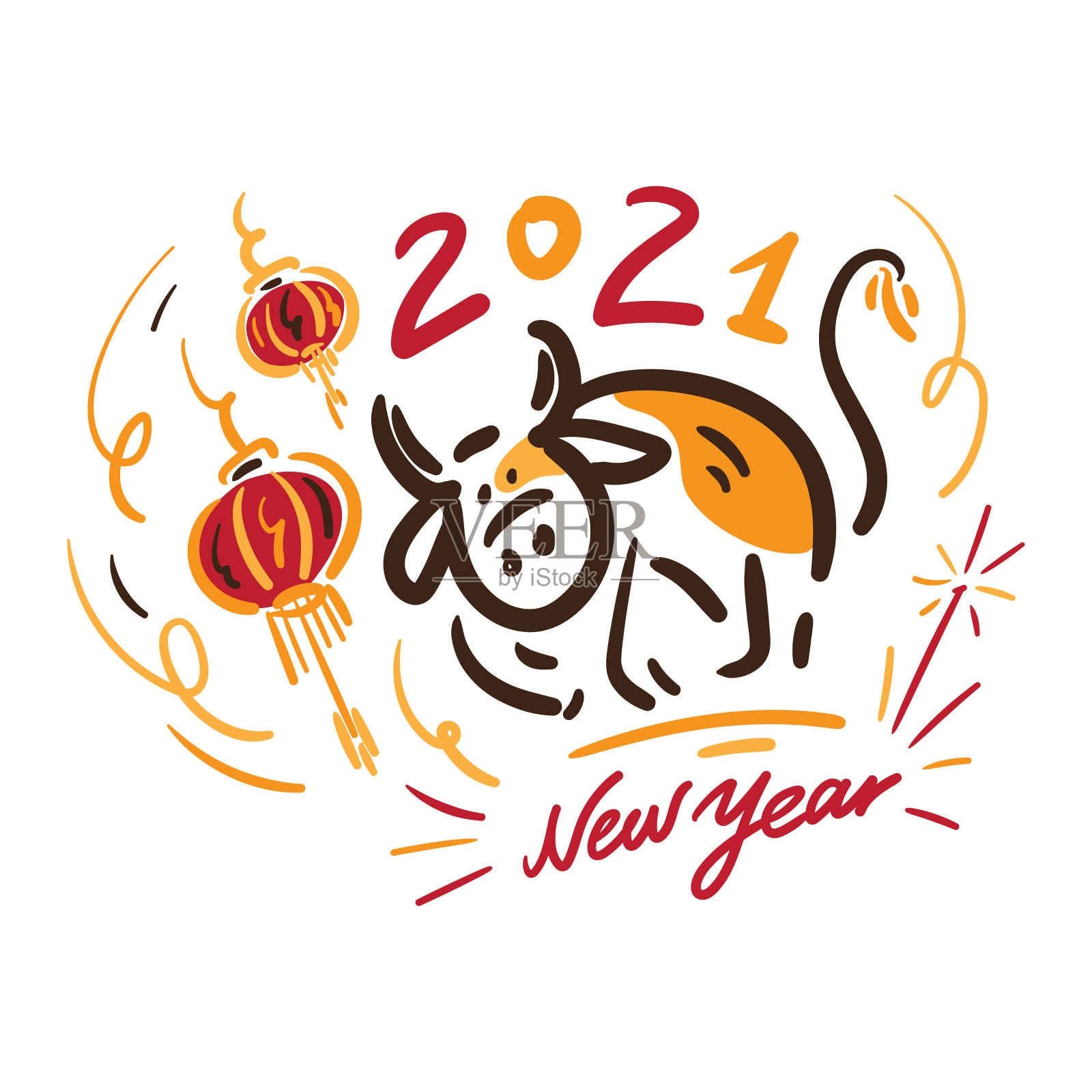 中国新年。牛，牛，2021年的牛。自由手绘矢量插图插画图片素材