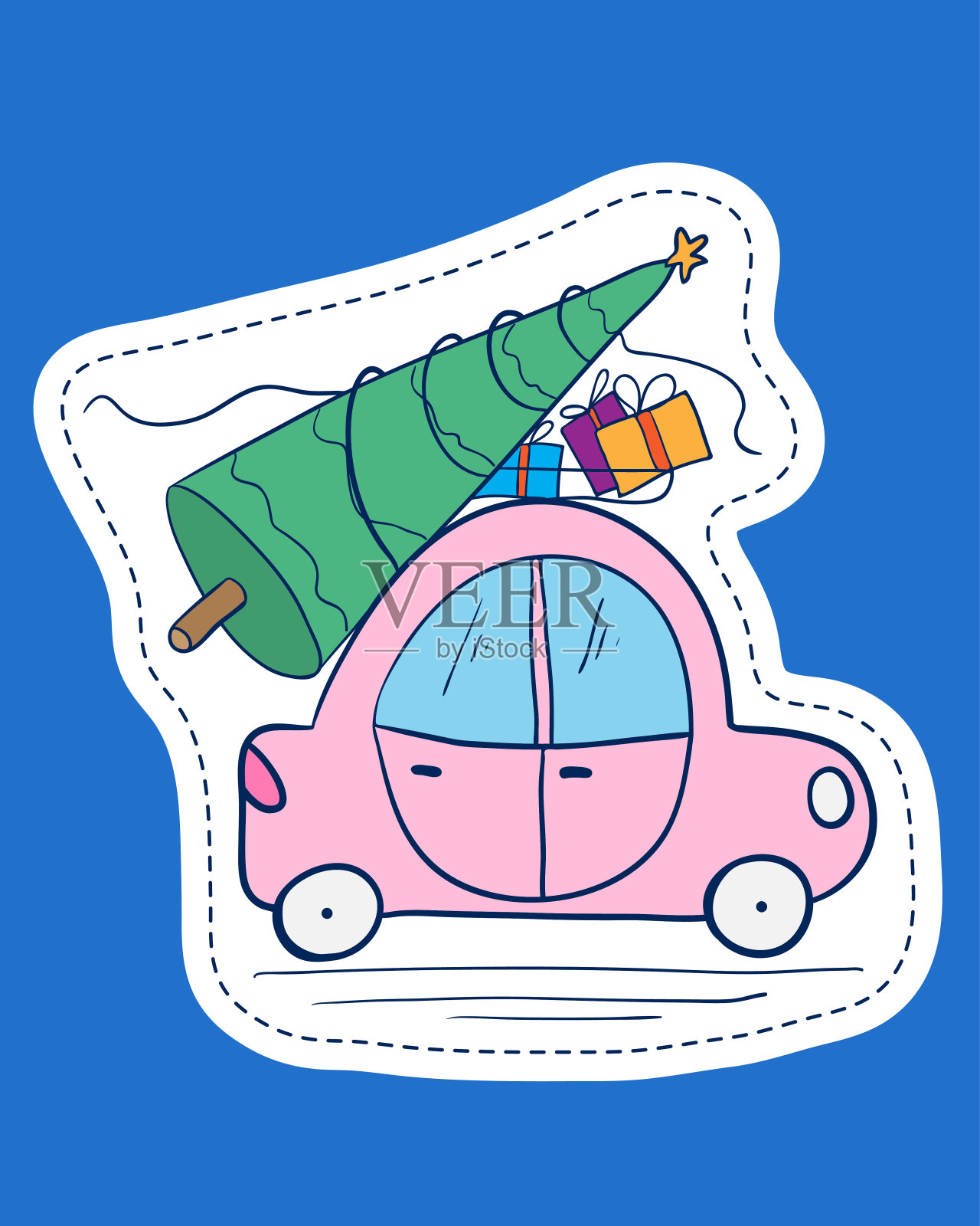 汽车贴纸的形式与圣诞树和礼物插画图片素材