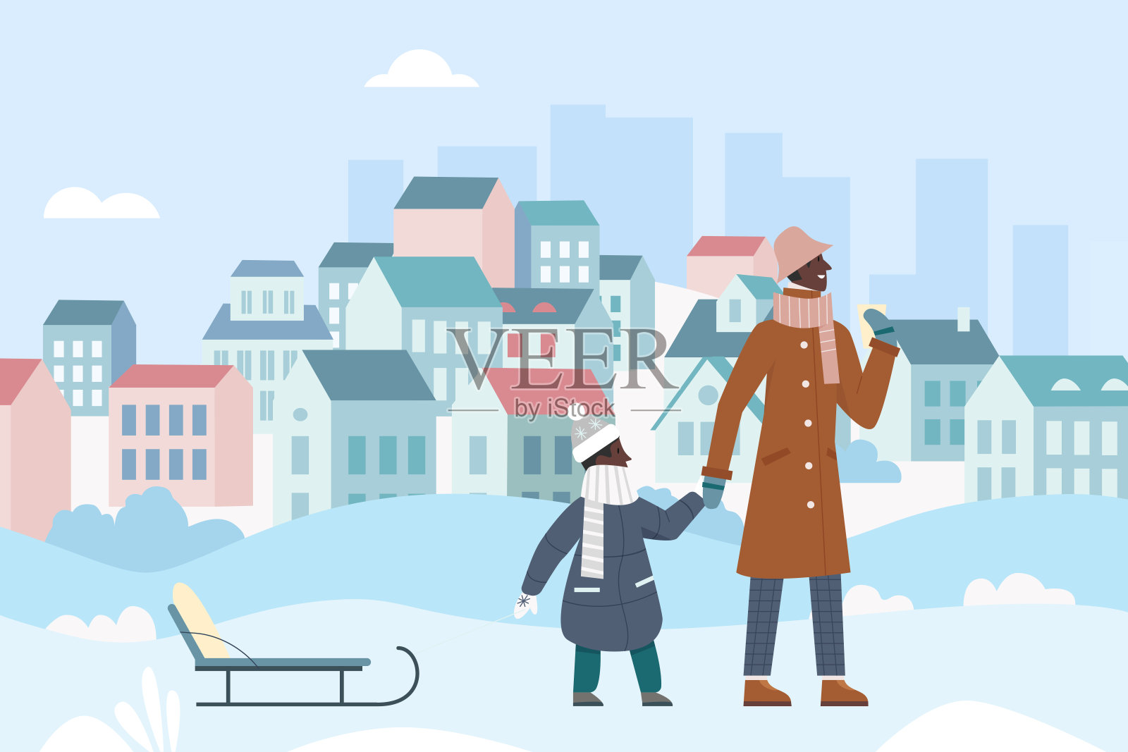 Family winter walk activity, cartoon father with kid walking插画图片素材