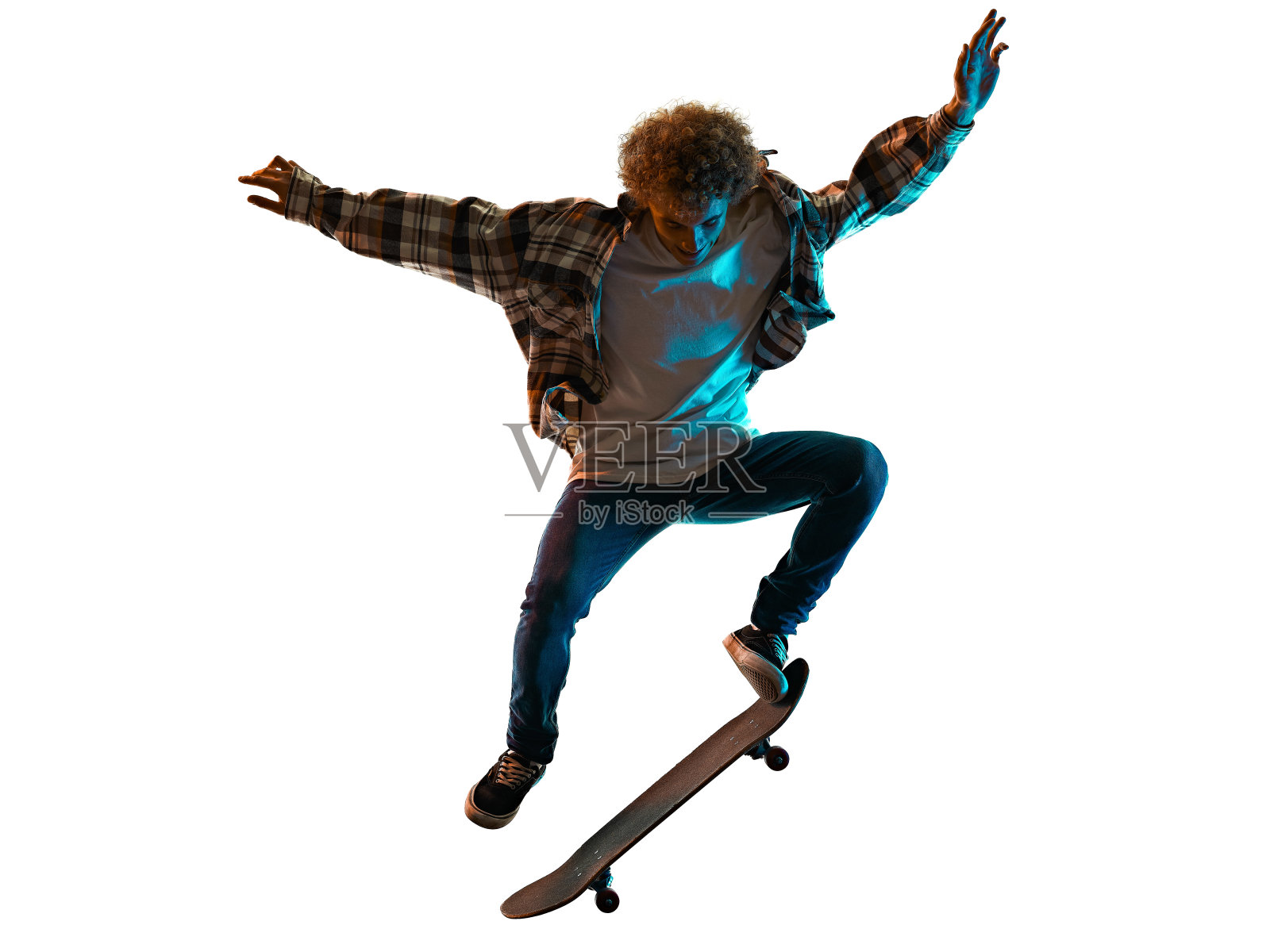 年轻人滑板滑板孤立的白色背景阴影剪影照片摄影图片