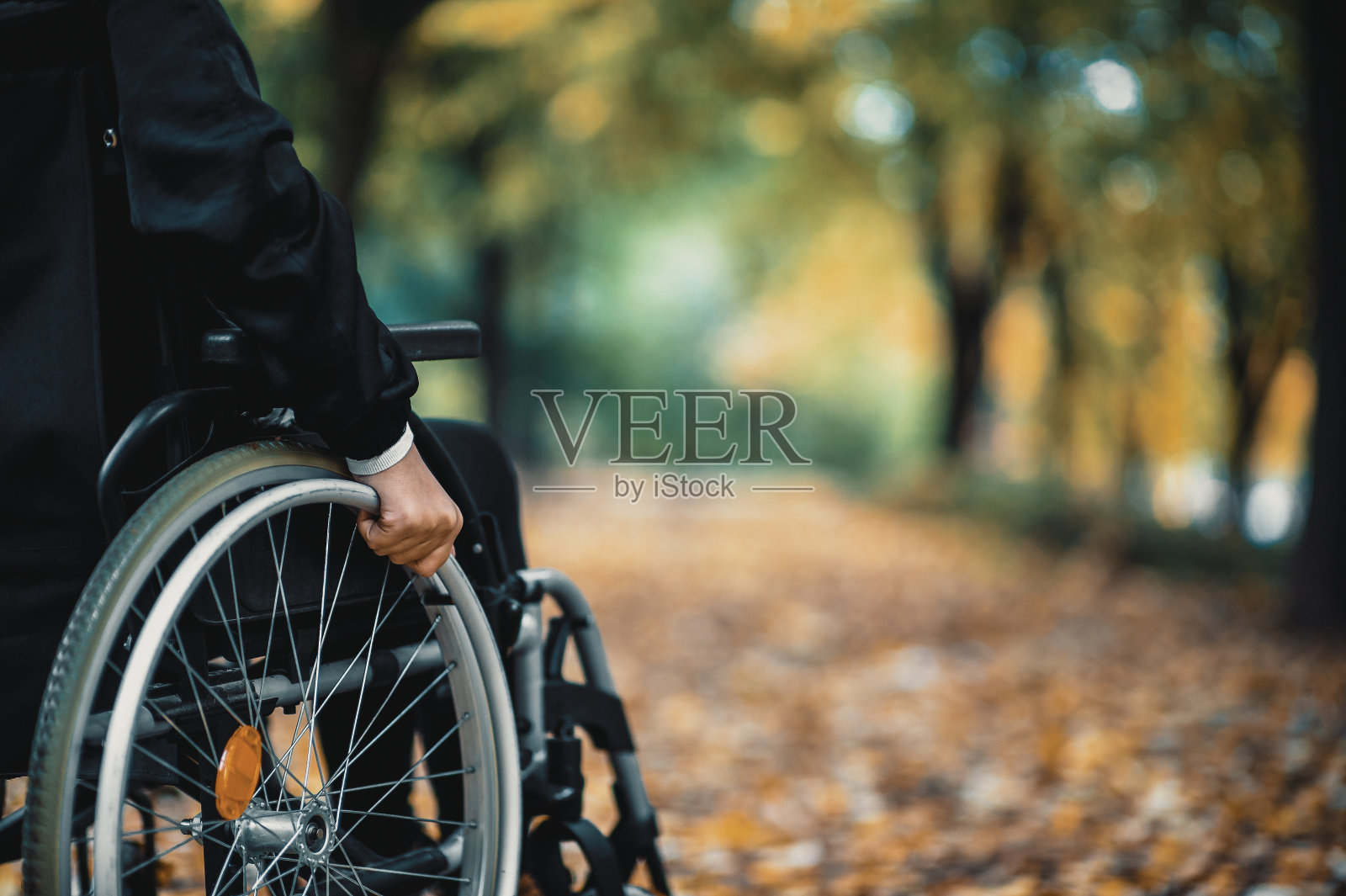 一个女性的手放在轮椅的轮子上的观点。残疾和保健概念照片摄影图片