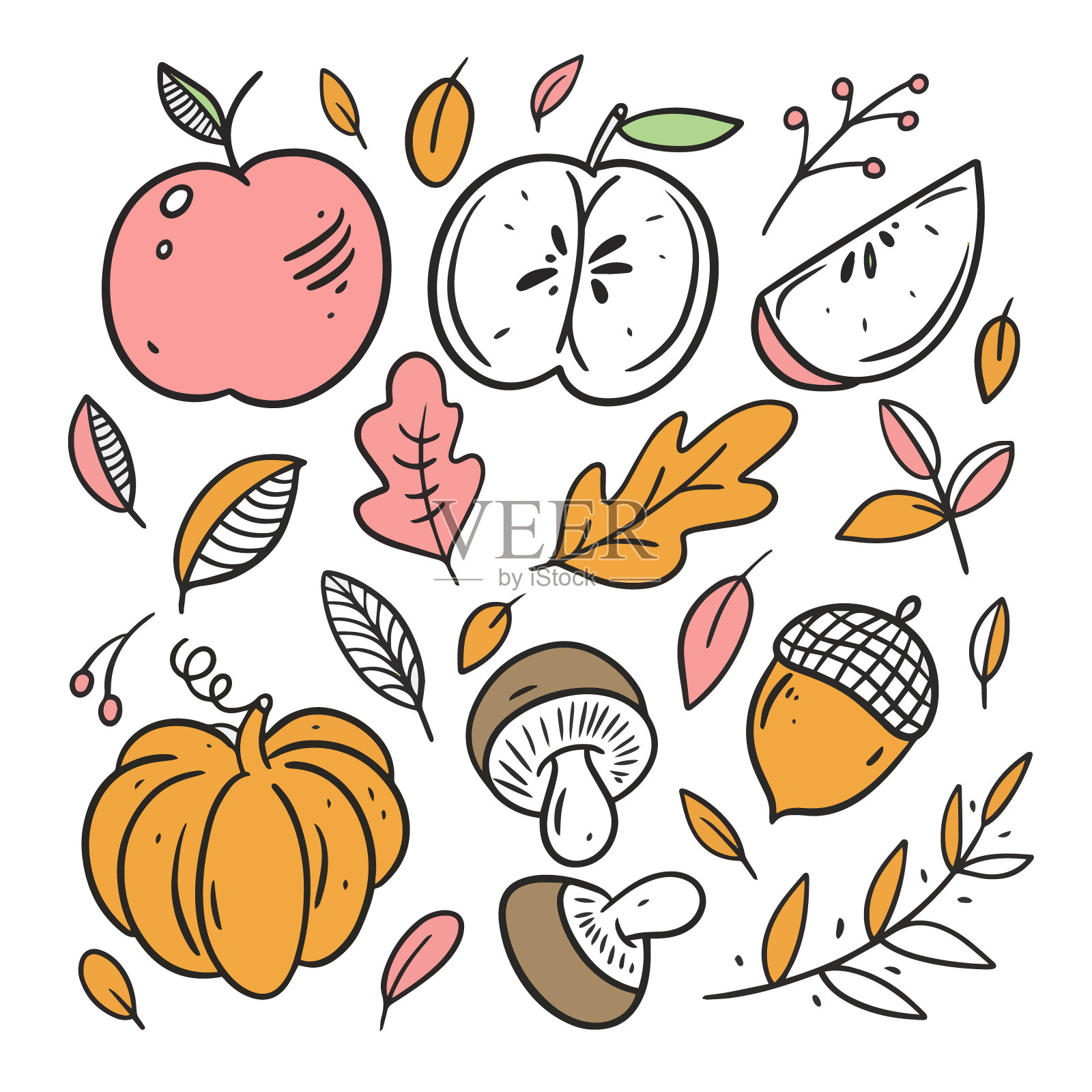 秋食元素集。线条艺术风格丰富多彩。手绘草图。插画图片素材