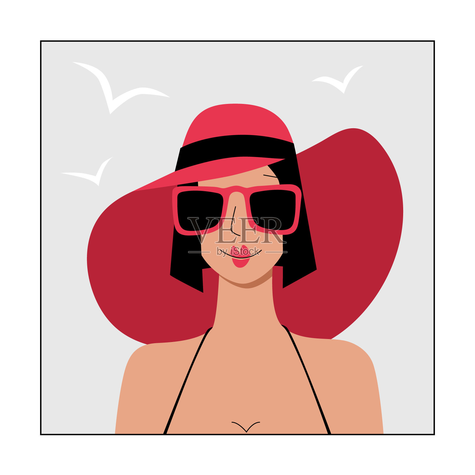 戴着宽边帽和墨镜的年轻女子。在海滩上休息的游客。在海边度假的概念。阿凡达社交媒体用户图标。股票矢量平面插图孤立插画图片素材