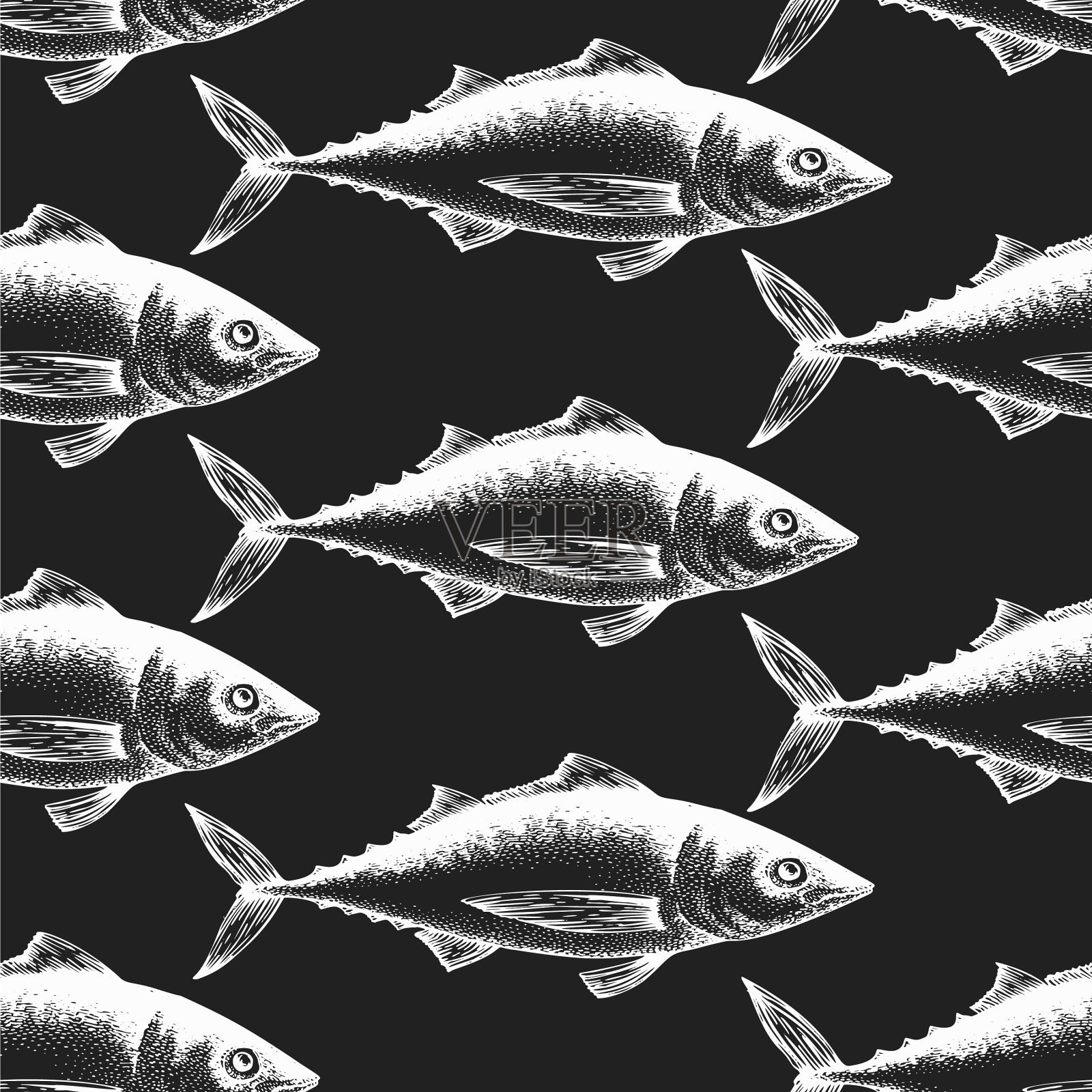 手绘鱼无缝模式金枪鱼粉笔插画图片素材