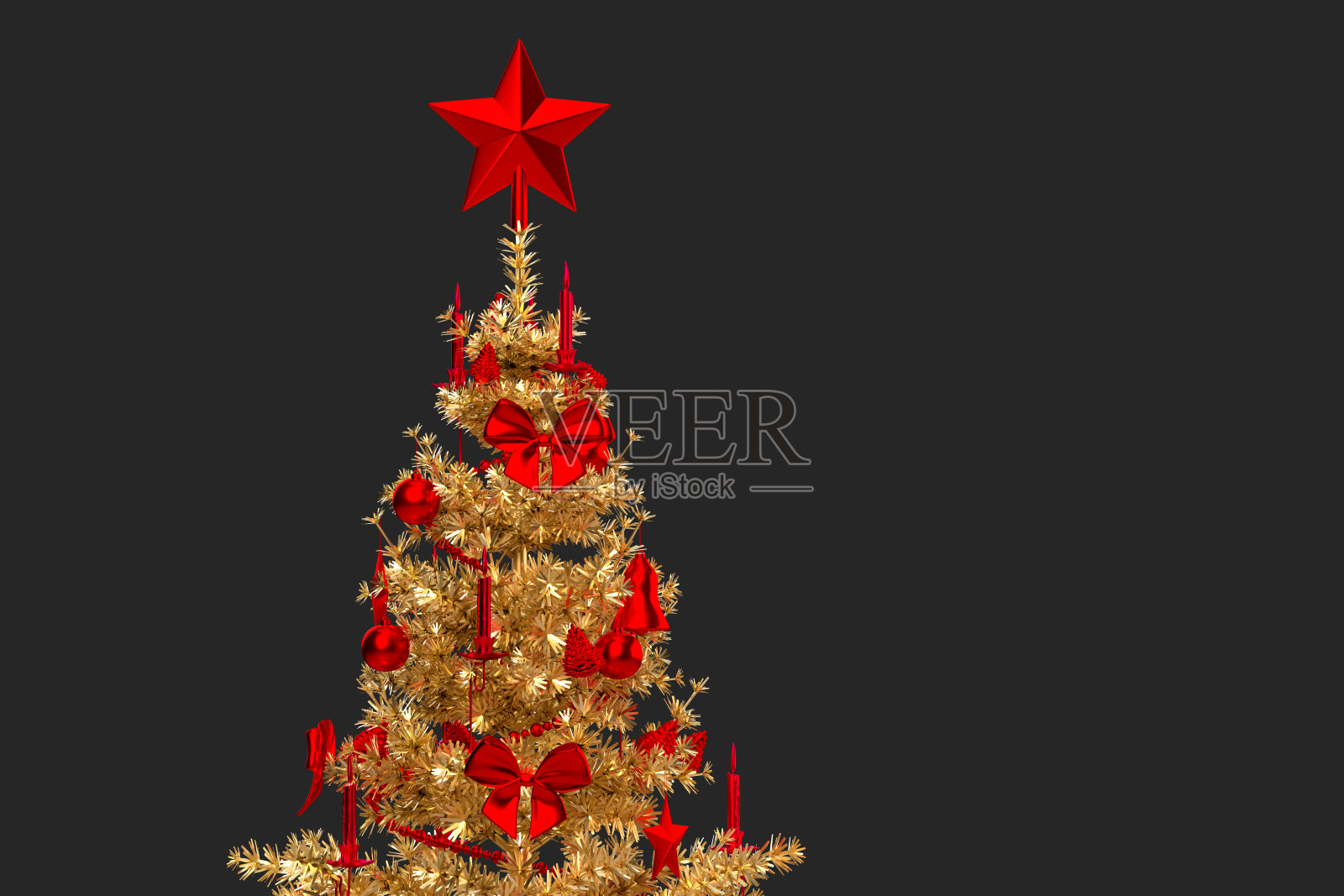 金色圣诞树的特写。三维渲染照片摄影图片