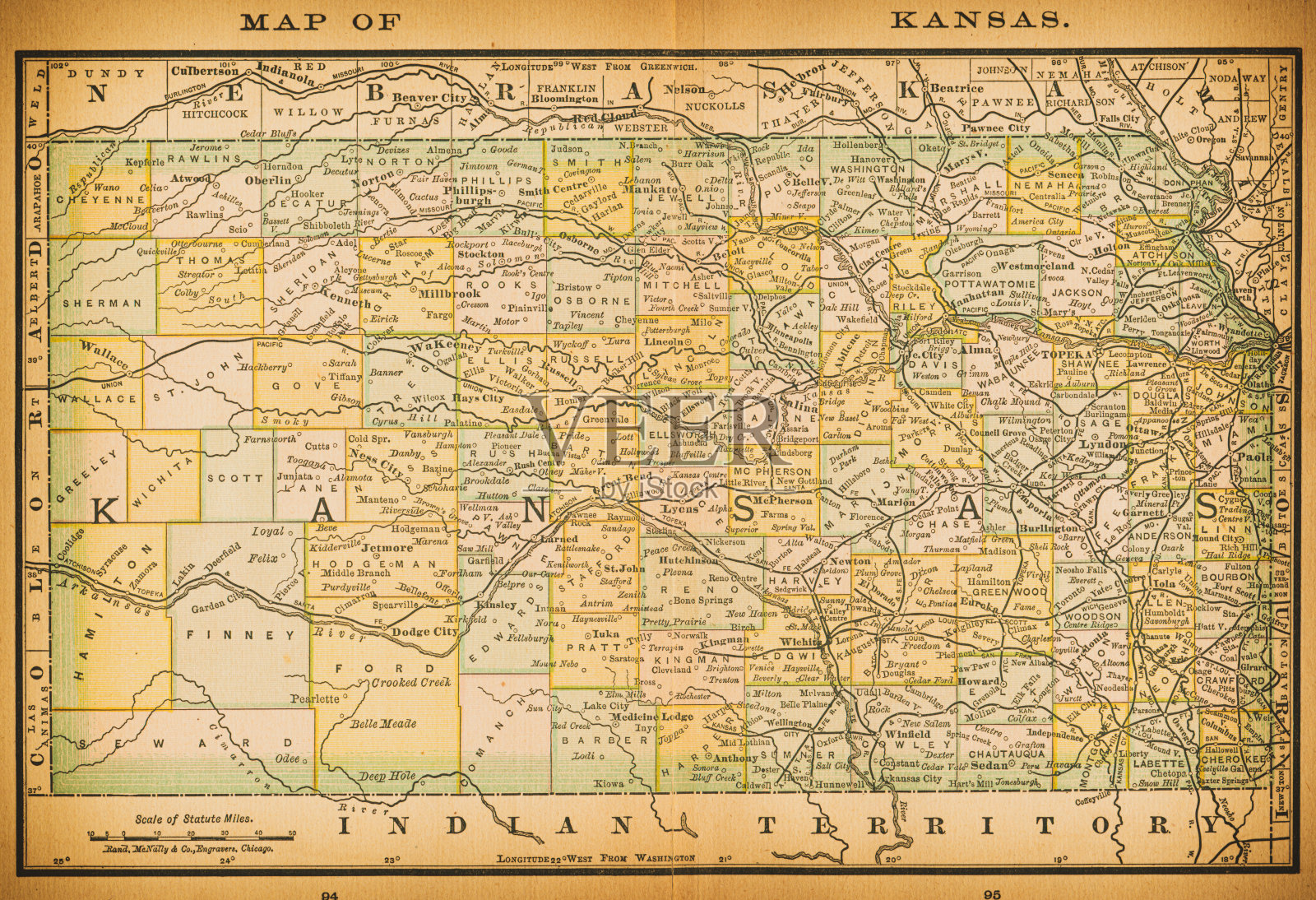 19世纪的堪萨斯地图插画图片素材