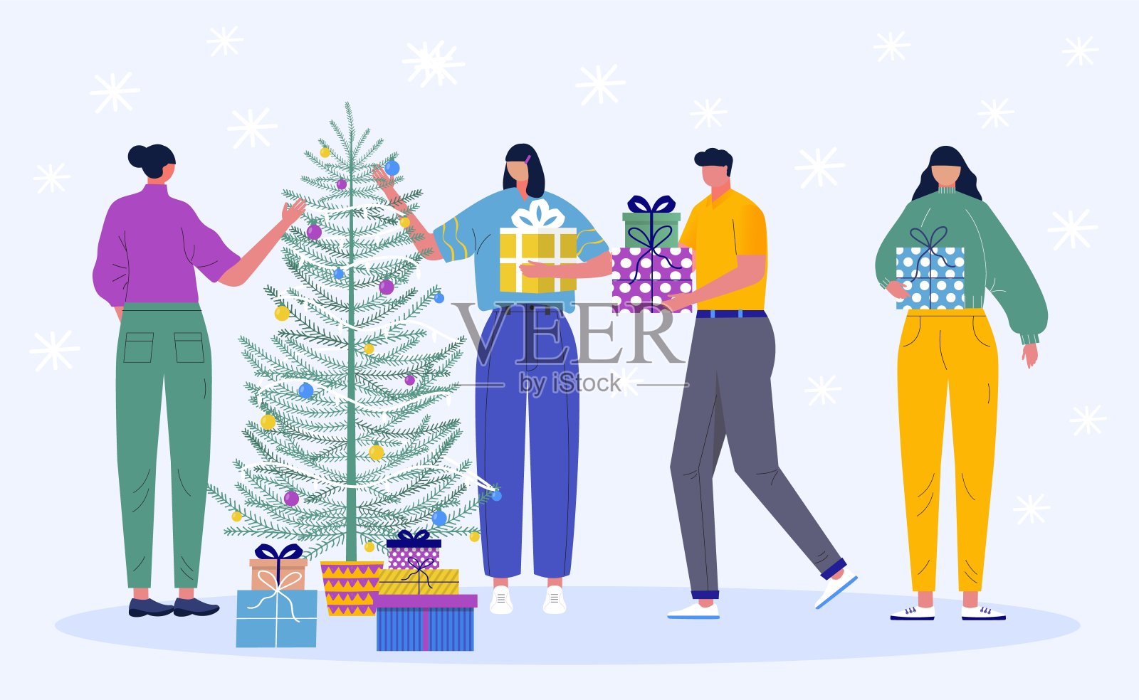 Set of christmas character. Young beautiful people decorate Christmas tree. Gifts under Christmas tree and snowflake插画图片素材