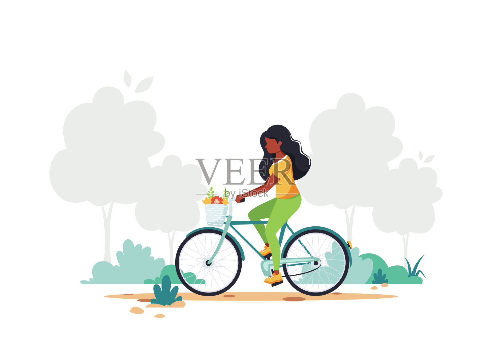 骑自行车的黑人妇女。健康生活方式、运动、户外活动理念。矢量图插画图片素材
