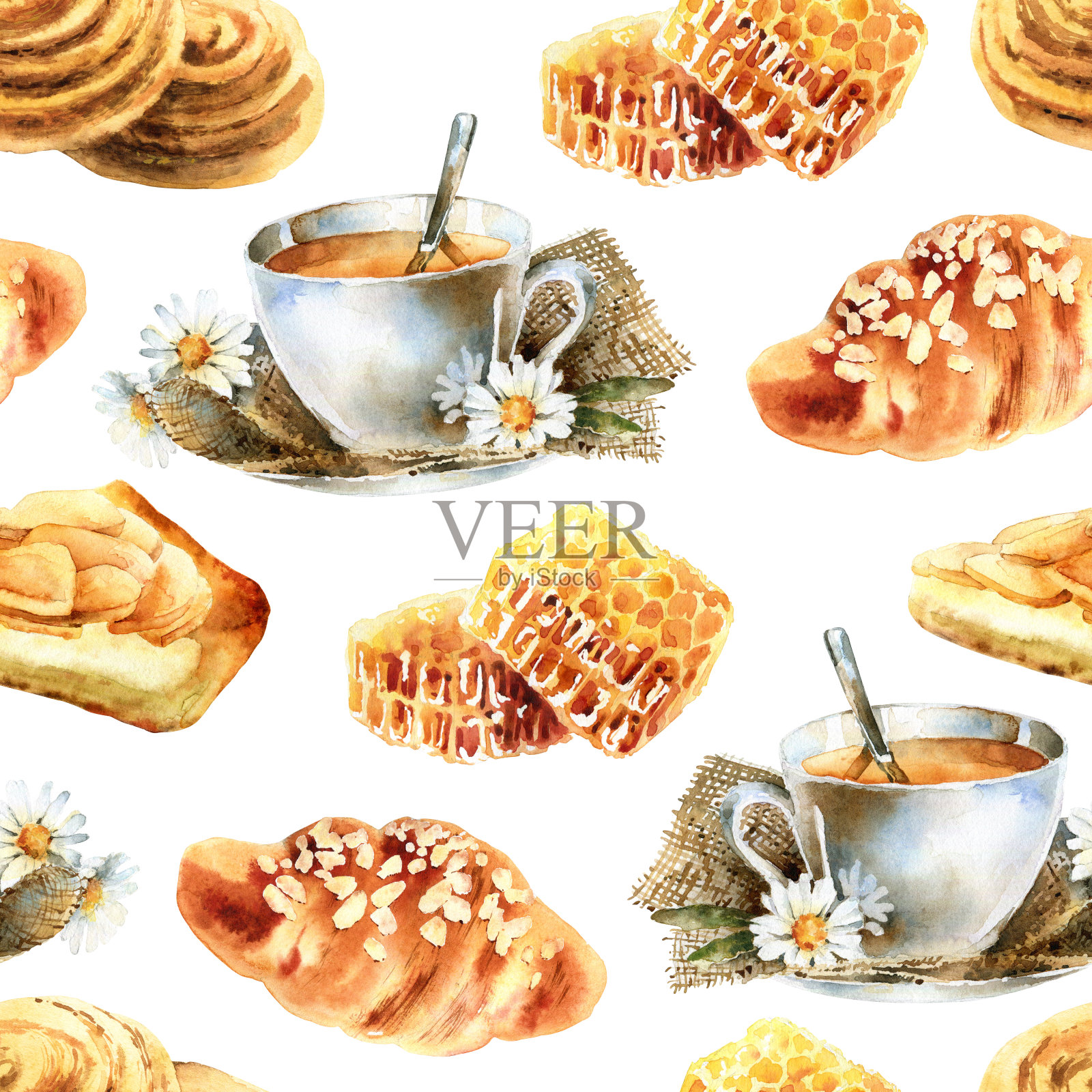 水彩无缝图案与糕点，甜蜂蜜和茶插画图片素材