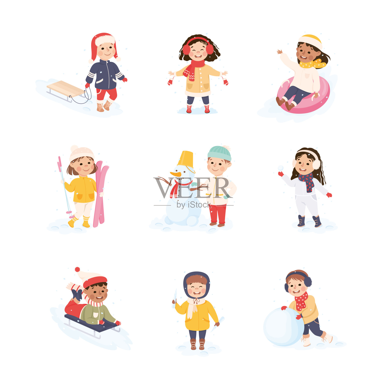 孩子们享受冬天的乐趣活动在雪撬，滑雪，建立雪人向量集设计元素图片