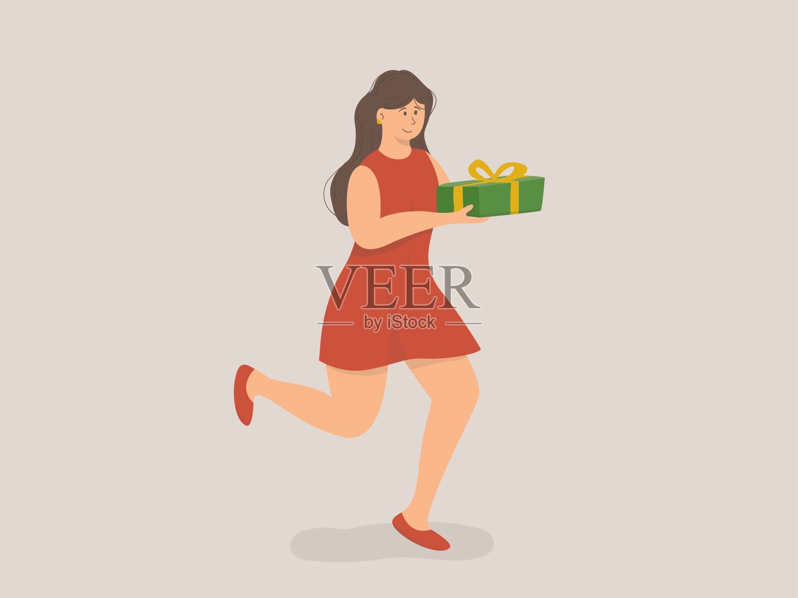 穿红衣服的女人拿着礼盒，女性人物拿着包装好的节日礼物，圣诞快乐。插画图片素材
