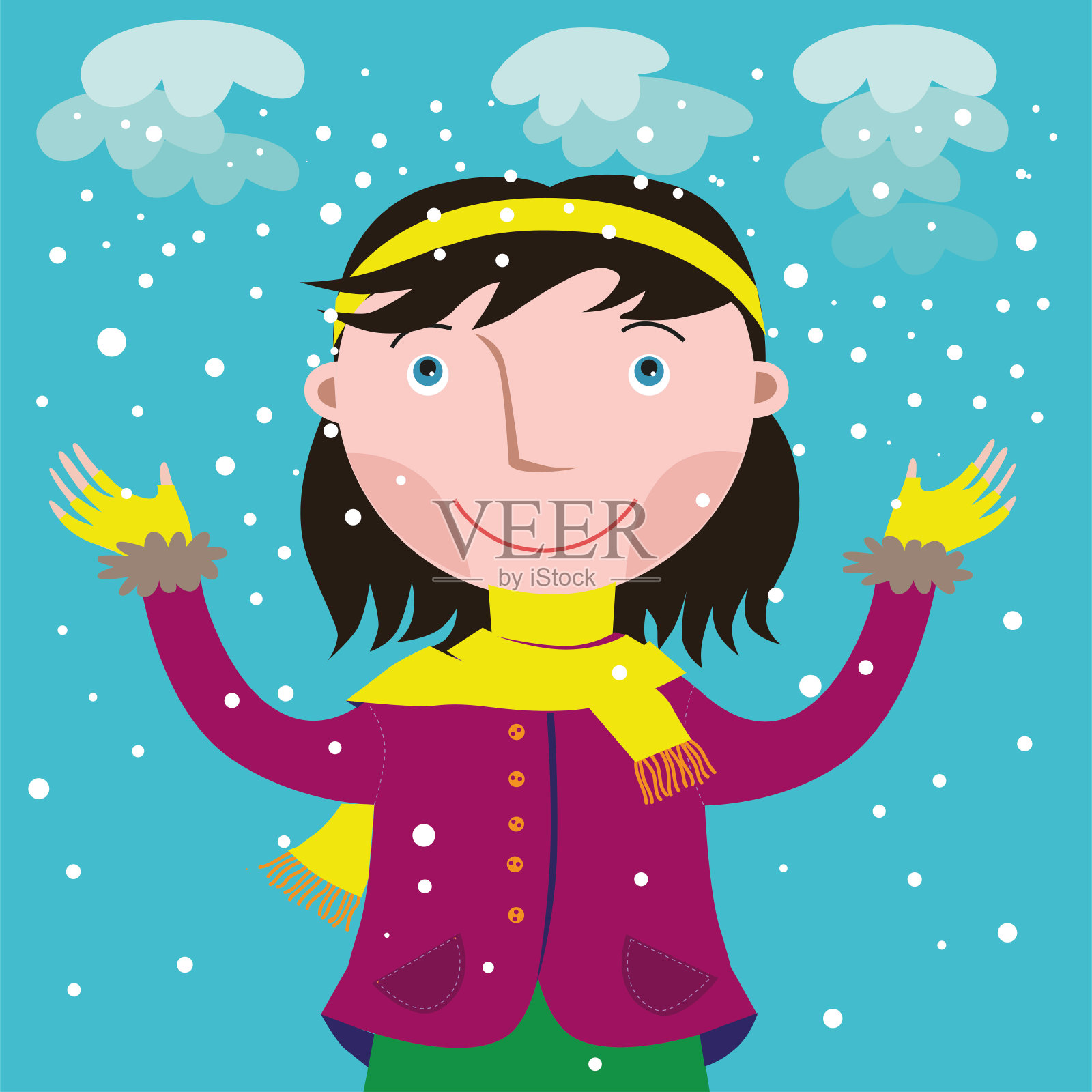 第一场雪落下时，一个女孩微笑着抬起头来设计元素图片