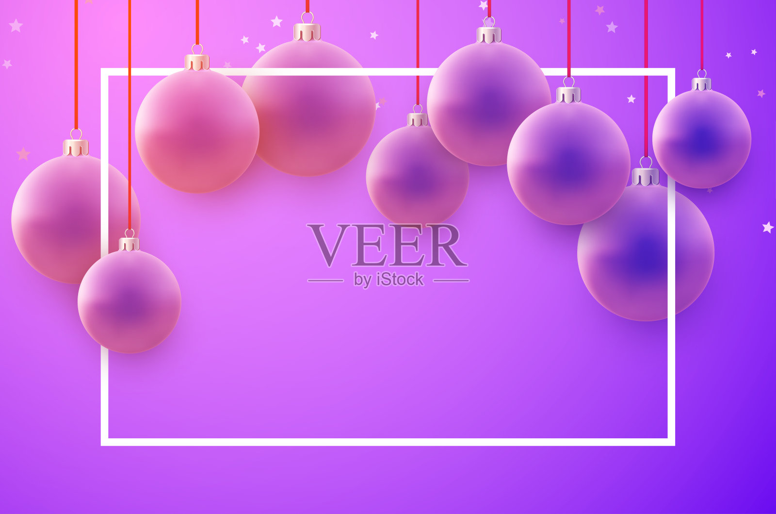 水平框架与紫色圣诞树球挂在红丝带。插画图片素材