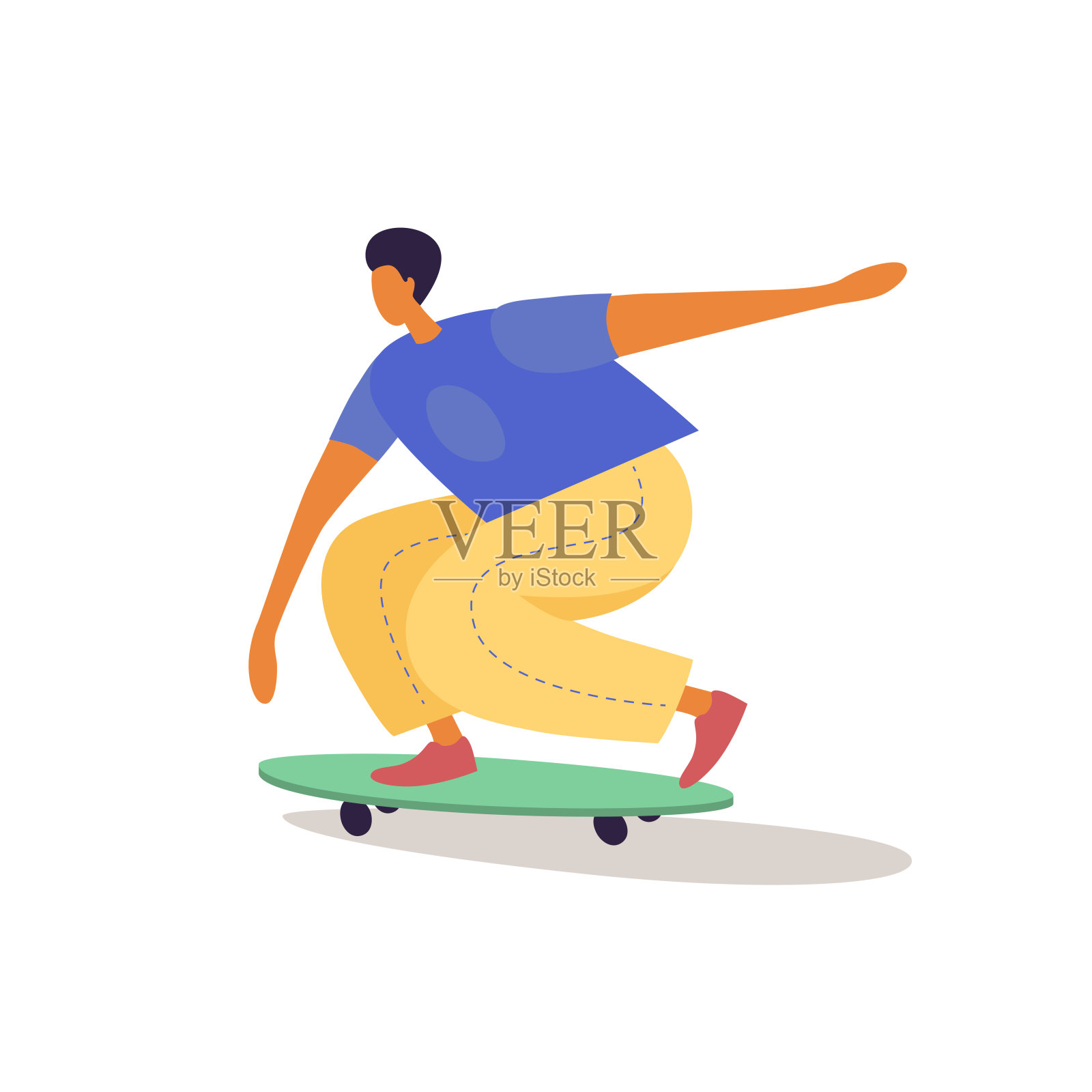 男孩滑板骑滑板在时髦的平面风格。插画图片素材