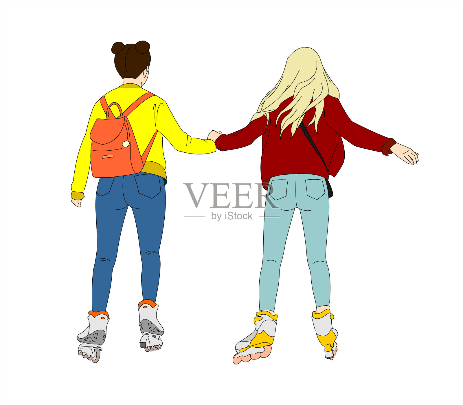 两个女孩骑着旱冰鞋后视图金发插画图片素材