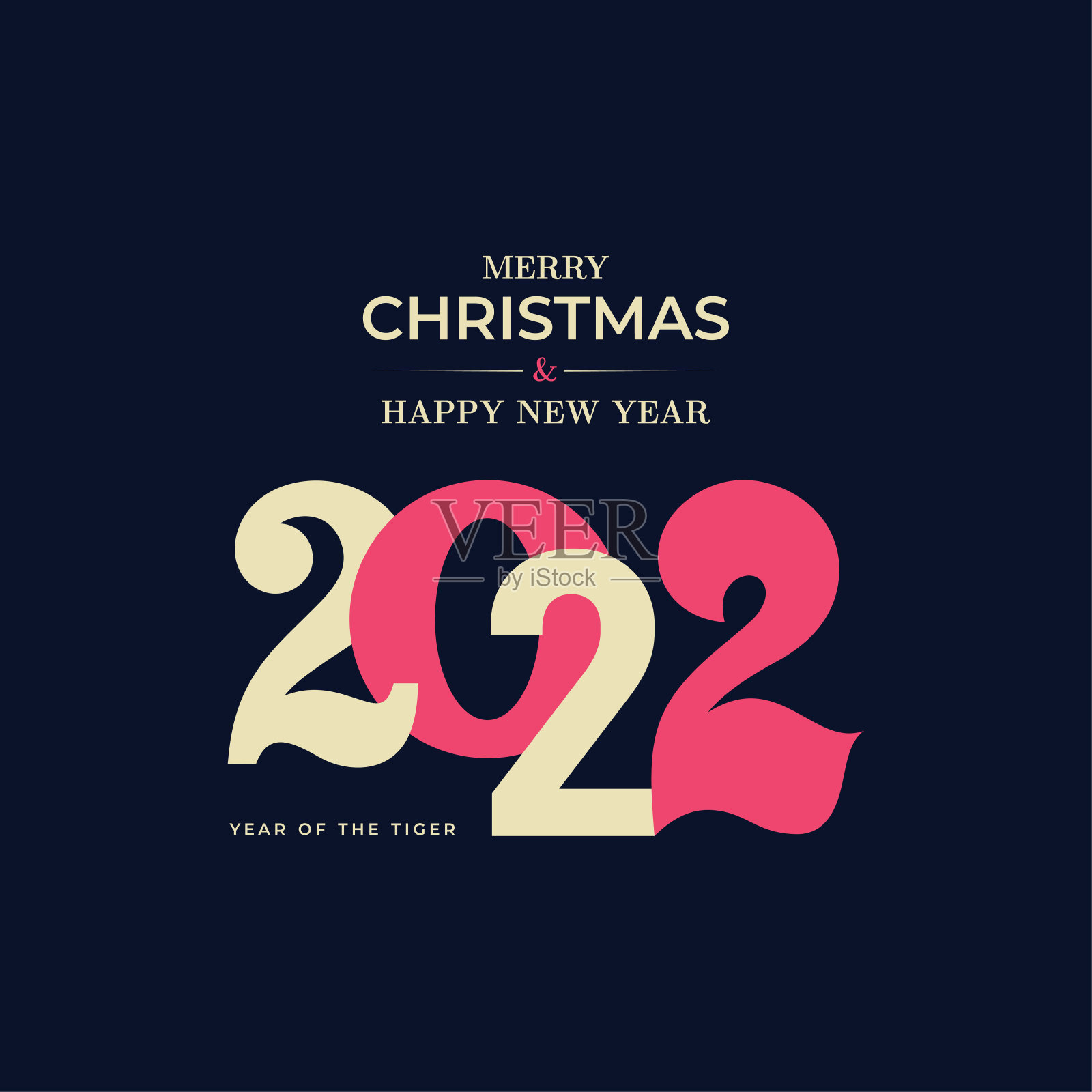 Modern minimalist Happy New Year card for 2022 with main big numbers. Logo on the pages of the postcard, magazine, books. Vector illustration with black holiday label isolated on blue background.插画图片素材
