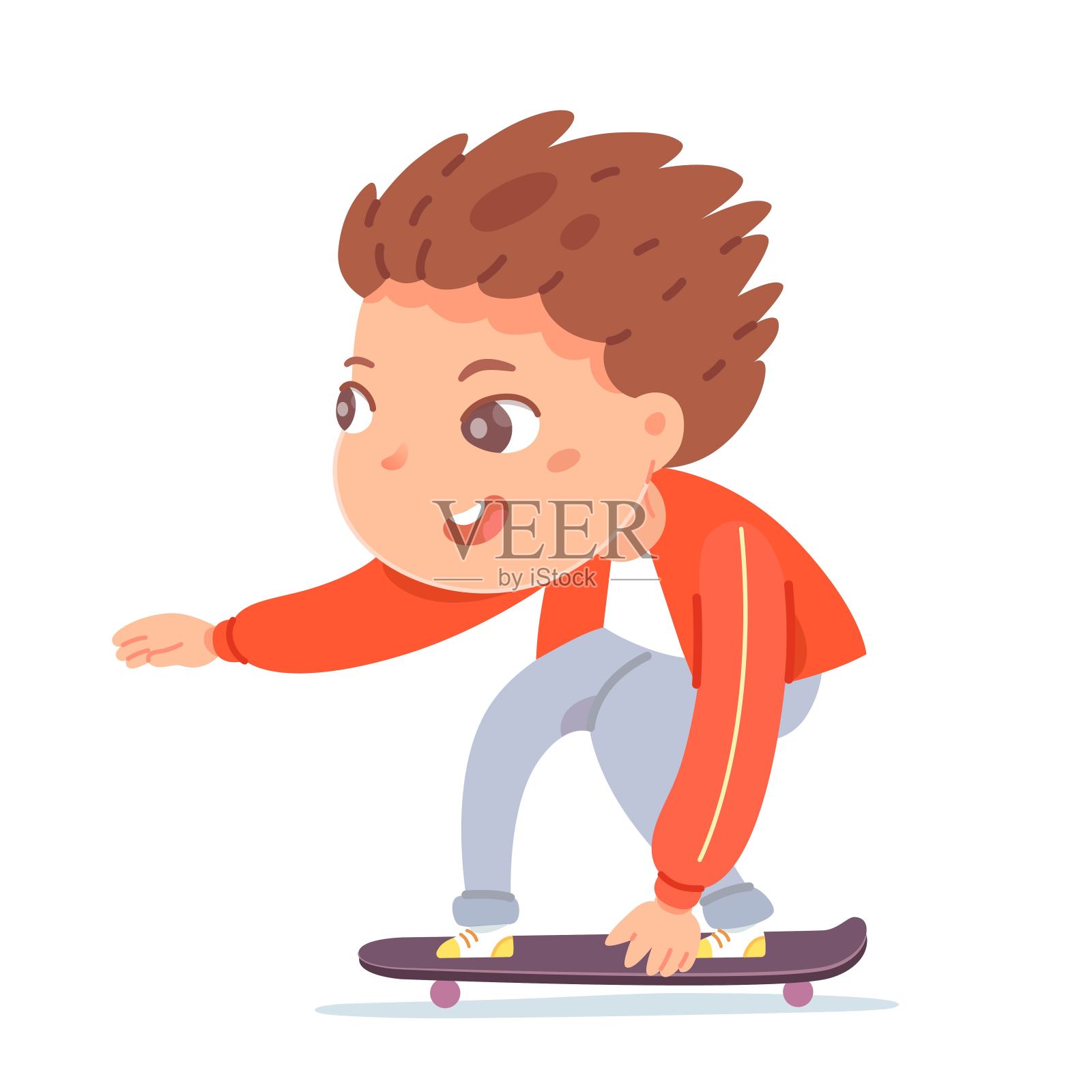 玩滑板的孩子。快乐的男孩滑冰在速度上，孤立在白色的背景。娱乐在滑板公园操场矢量插图。现代青年休闲插画图片素材