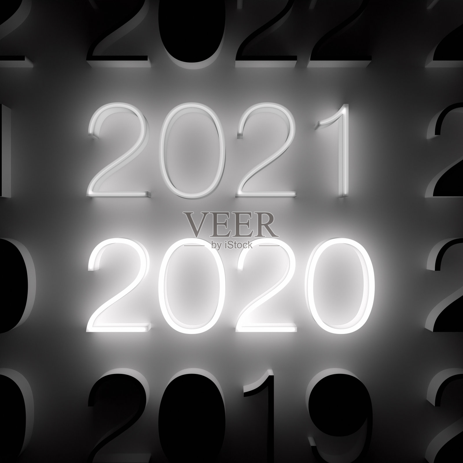 发光的2021年和2020年的数字在墙上。新年的概念照片摄影图片