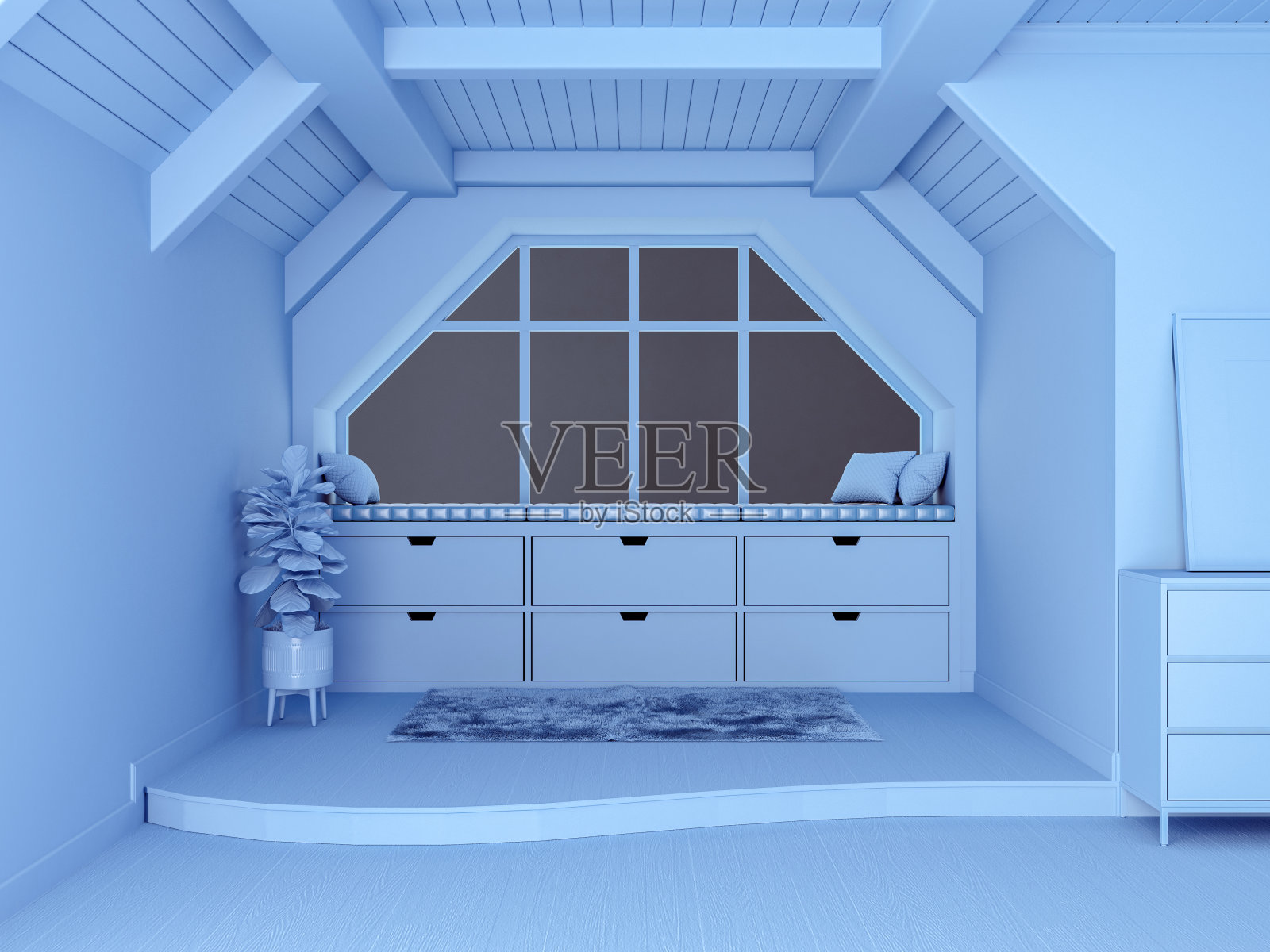 蓝色单调概念客厅内部与开放空间和分层地板，3d渲染照片摄影图片