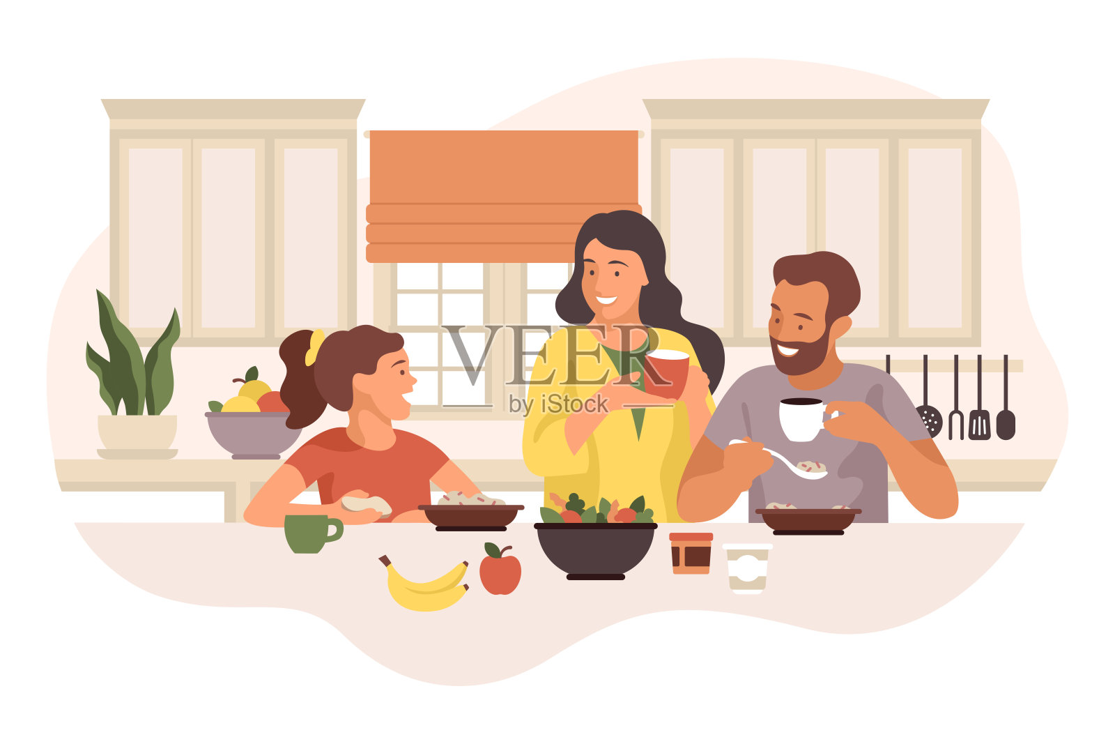 幸福的家庭在舒适明亮的现代厨房里吃早餐。矢量平面插图孤立在白色背景与父母花时间与孩子，交谈，大笑和吃健康的膳食插画图片素材