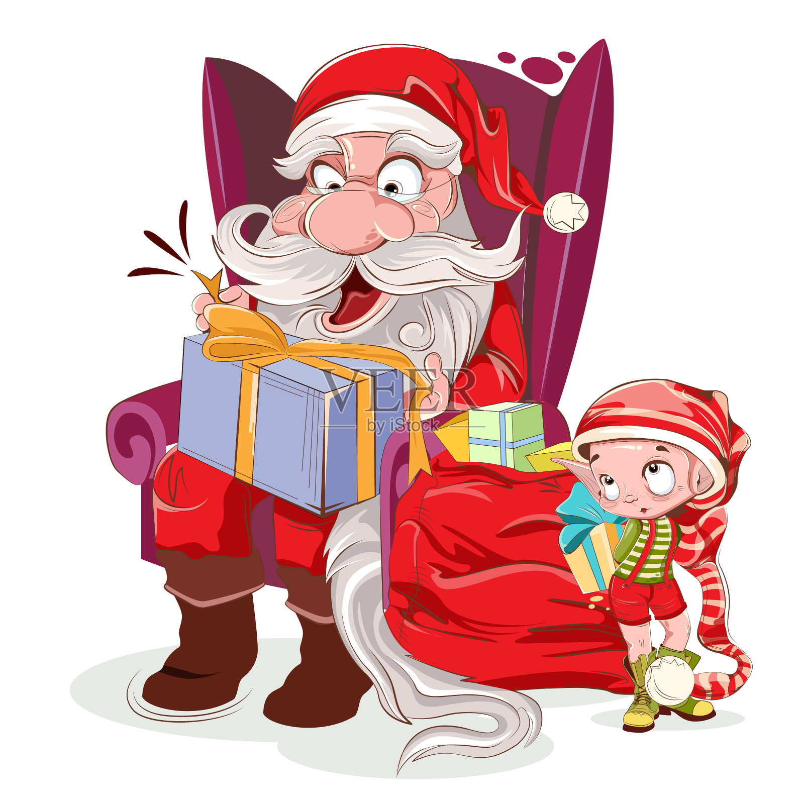 圣诞老人正坐在带礼物的椅子上，与他偶遇的小精灵给孩子们送出不同的礼物。包圣诞老人的礼物，许个愿，平淡的风格。矢量图插画图片素材