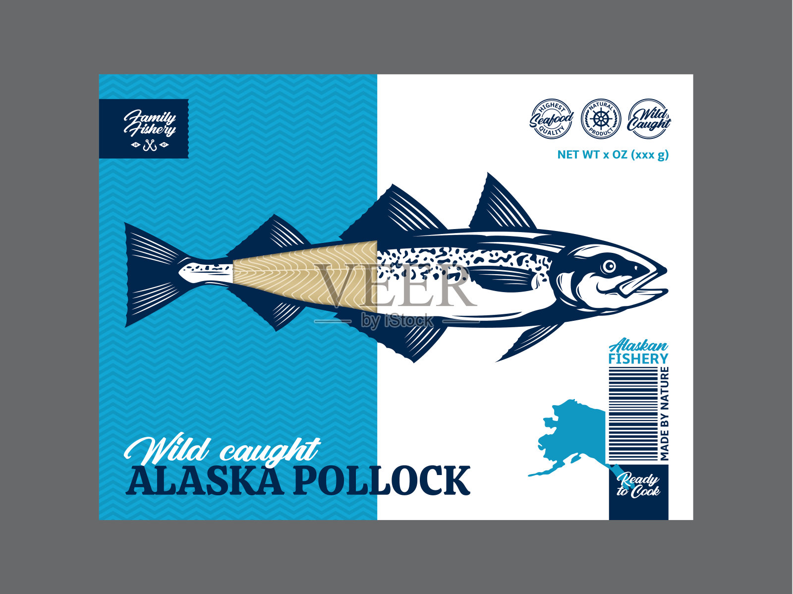 矢量阿拉斯加鳕鱼包装或标签设计插画图片素材