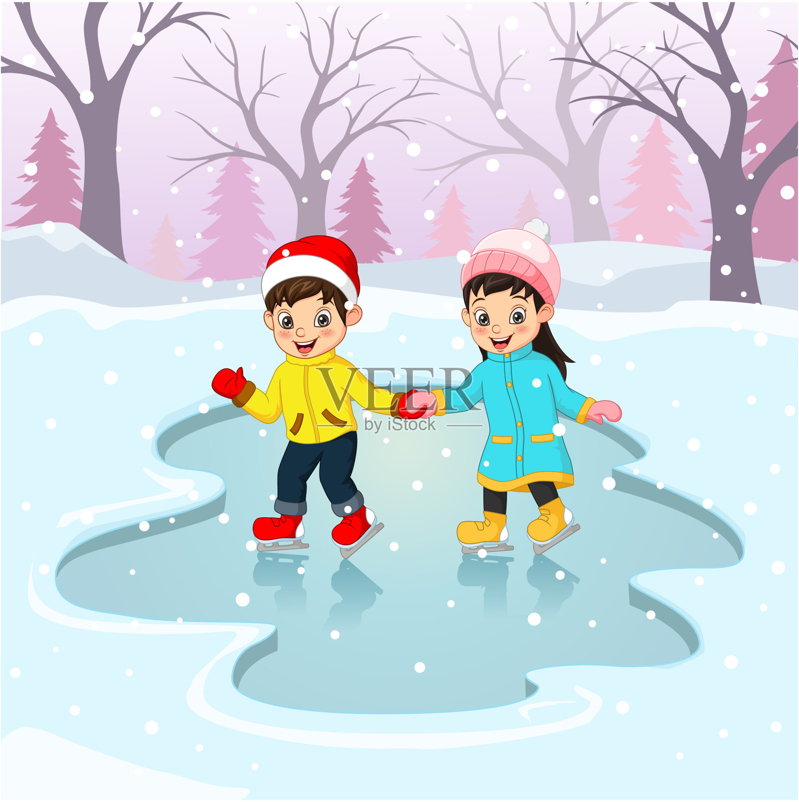 可爱的小男孩和小女孩穿着冬装在溜冰场滑冰插画图片素材