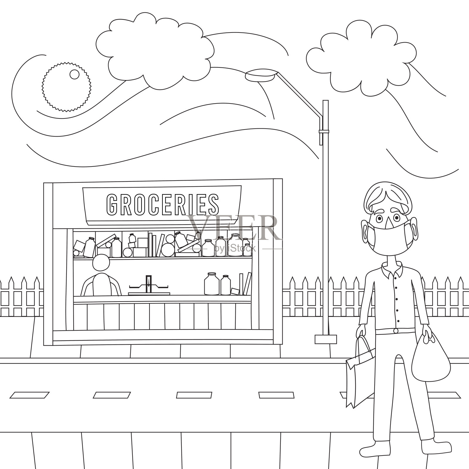 男子站在杂货店前购物在艰难时期的大流行日冕。插画图片素材