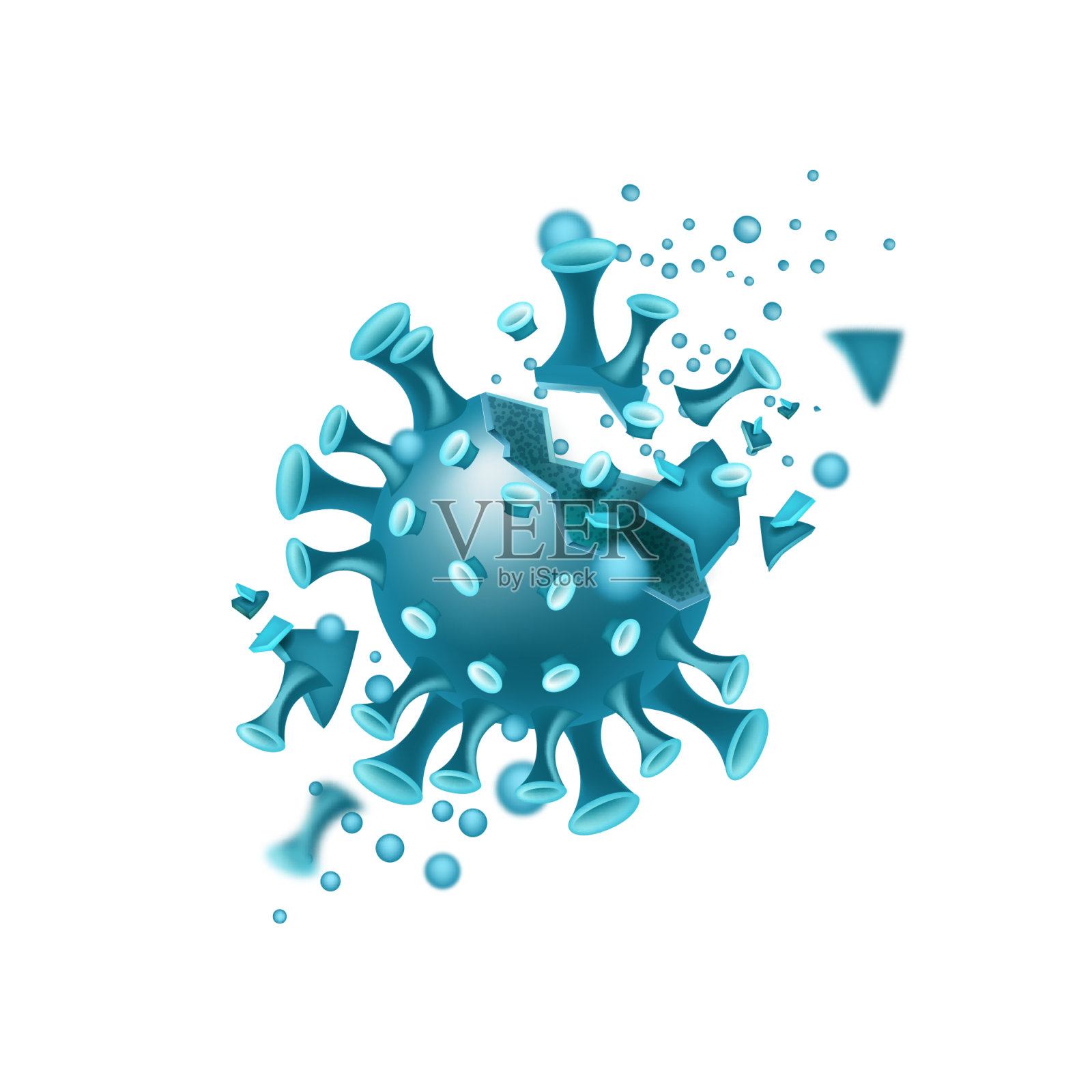 冠状病毒疫苗大流行医学概念与COVID-19分子破坏过程在白色。插画图片素材