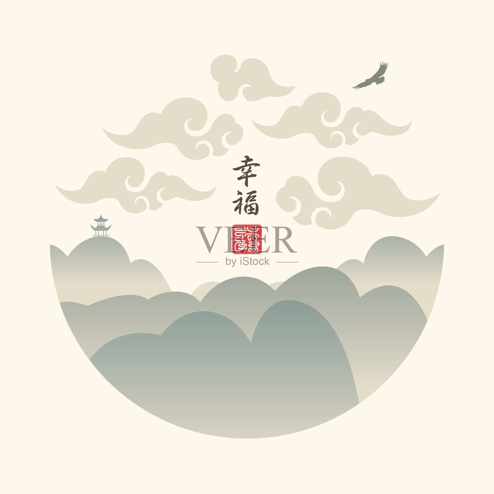 中国山水中有一座宝塔插画图片素材