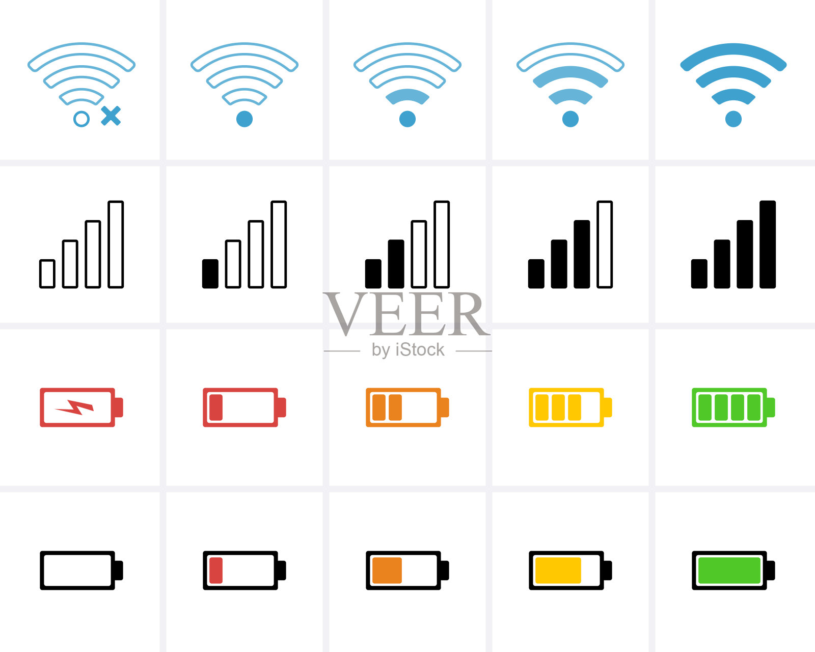 手机栏状态图标，电池图标，wifi信号强度。图标素材