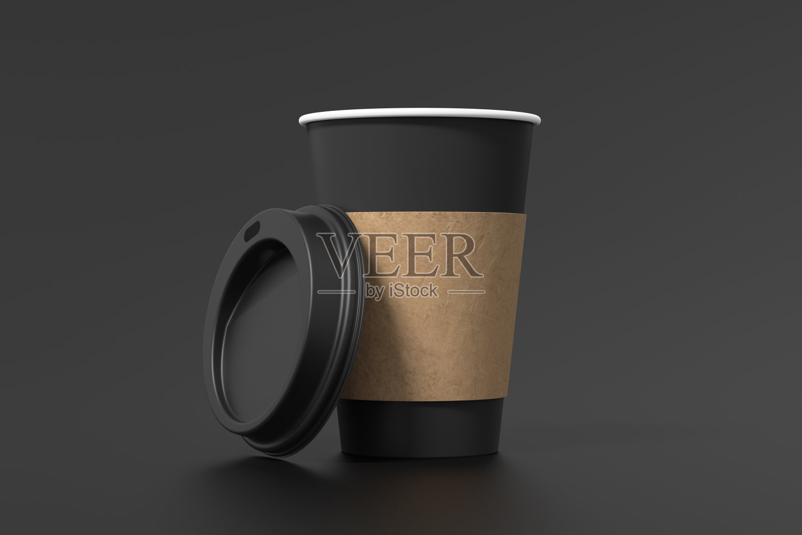 黑色带走咖啡纸杯模型与打开的黑色盖与holder在黑色背景。照片摄影图片