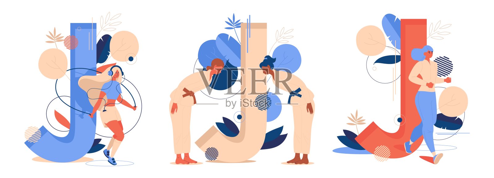 概念插图与大字母J和运动妇女孤立在白色。跳绳、柔道或柔术和慢跑的形象用活泼的蓝色和橙色画出来设计元素图片
